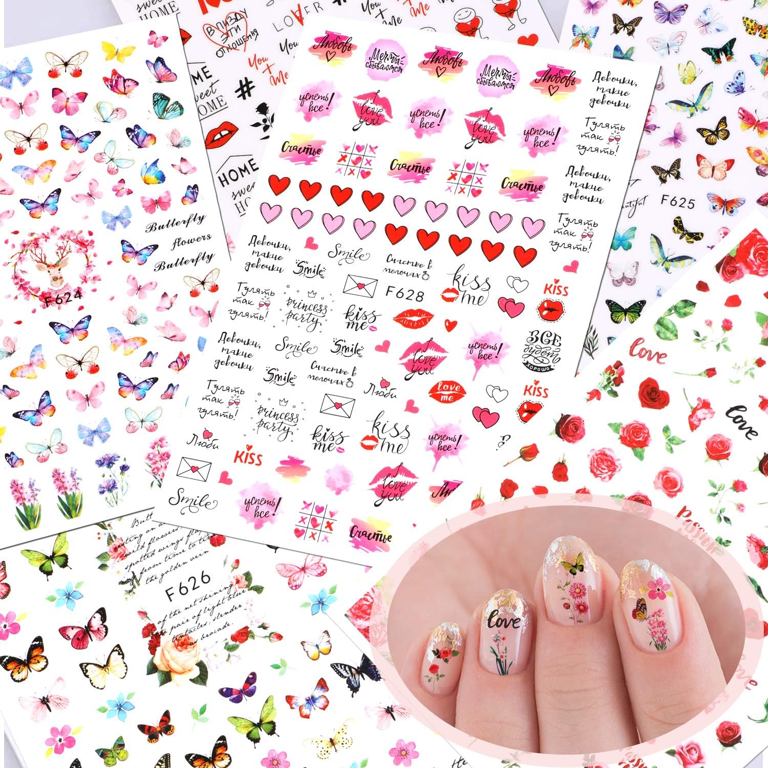 540+(6 Sheets) Flower Butterfly Nail Stickers Decals, VETPW 3D Self-Adhesive Nail Art Stickers Decals with Butterfly Rose Love Heart Lips Kiss Model for DIY Nails Decals