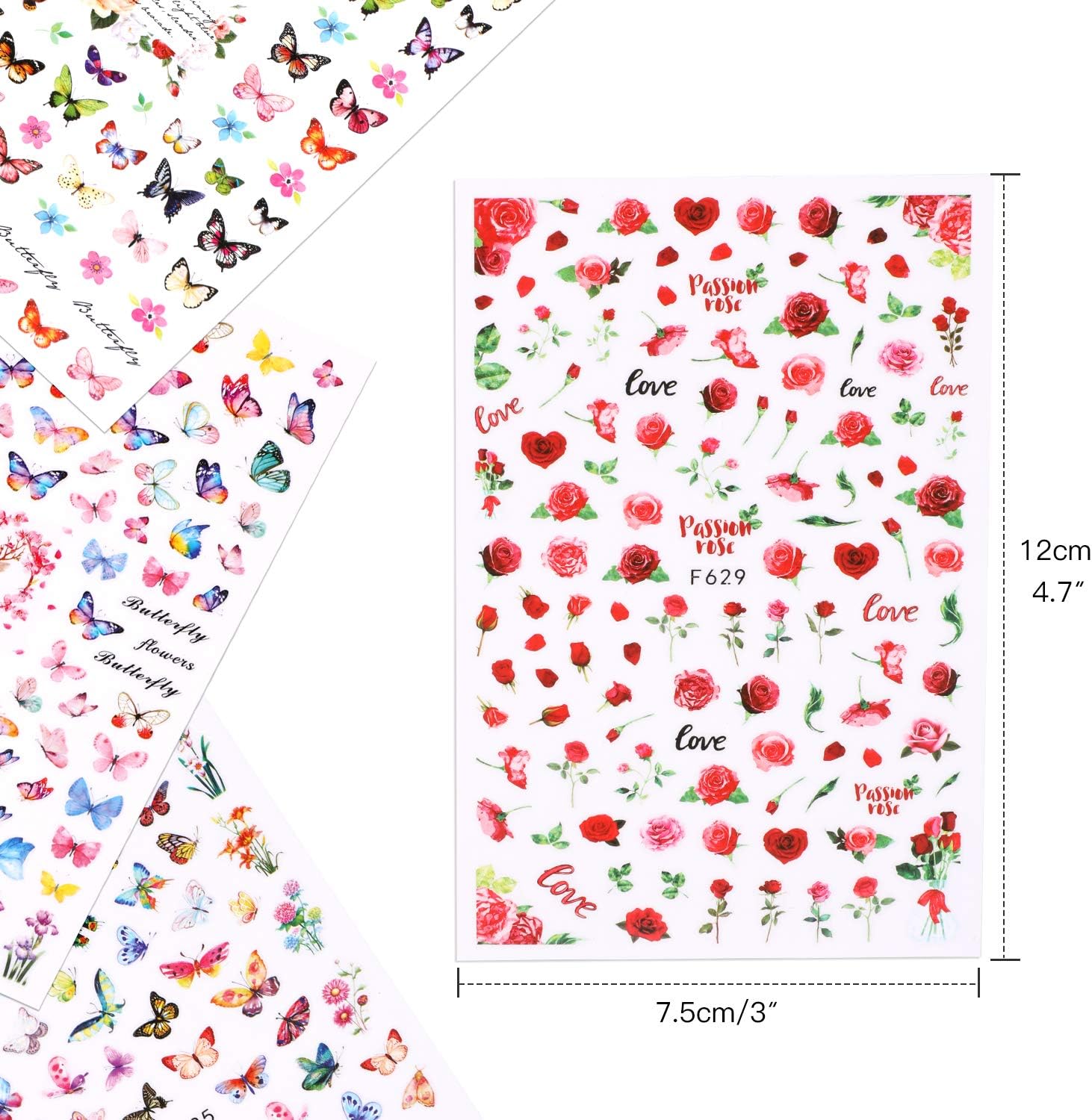 540+(6 Sheets) Flower Butterfly Nail Stickers Decals, VETPW 3D Self-Adhesive Nail Art Stickers Decals with Butterfly Rose Love Heart Lips Kiss Model for DIY Nails Decals
