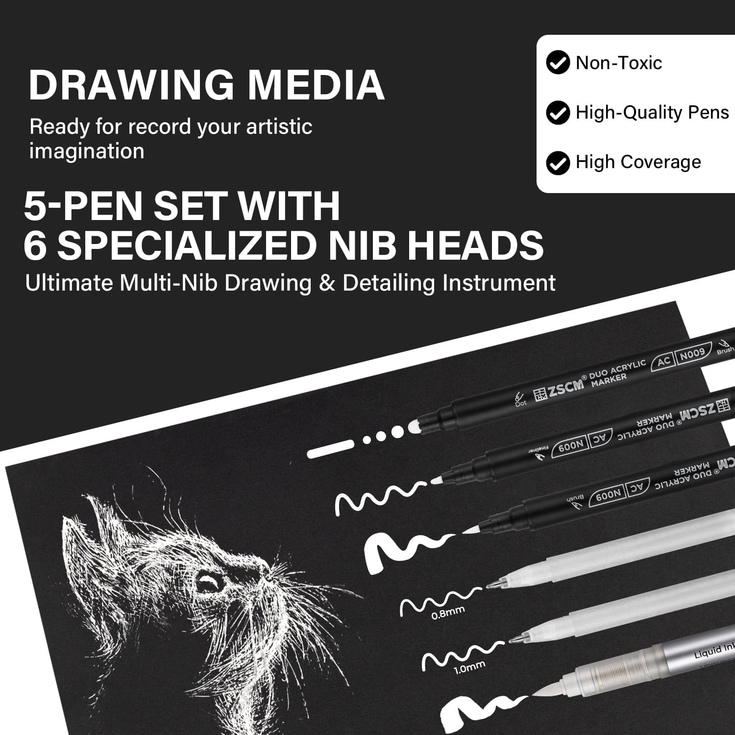 5pcs White Acrylic Drawing Pencils Fine Point Acrylic Gel Pens Matte for Drawing on Black Paper Sketching Illustration Card Making 5 Colors