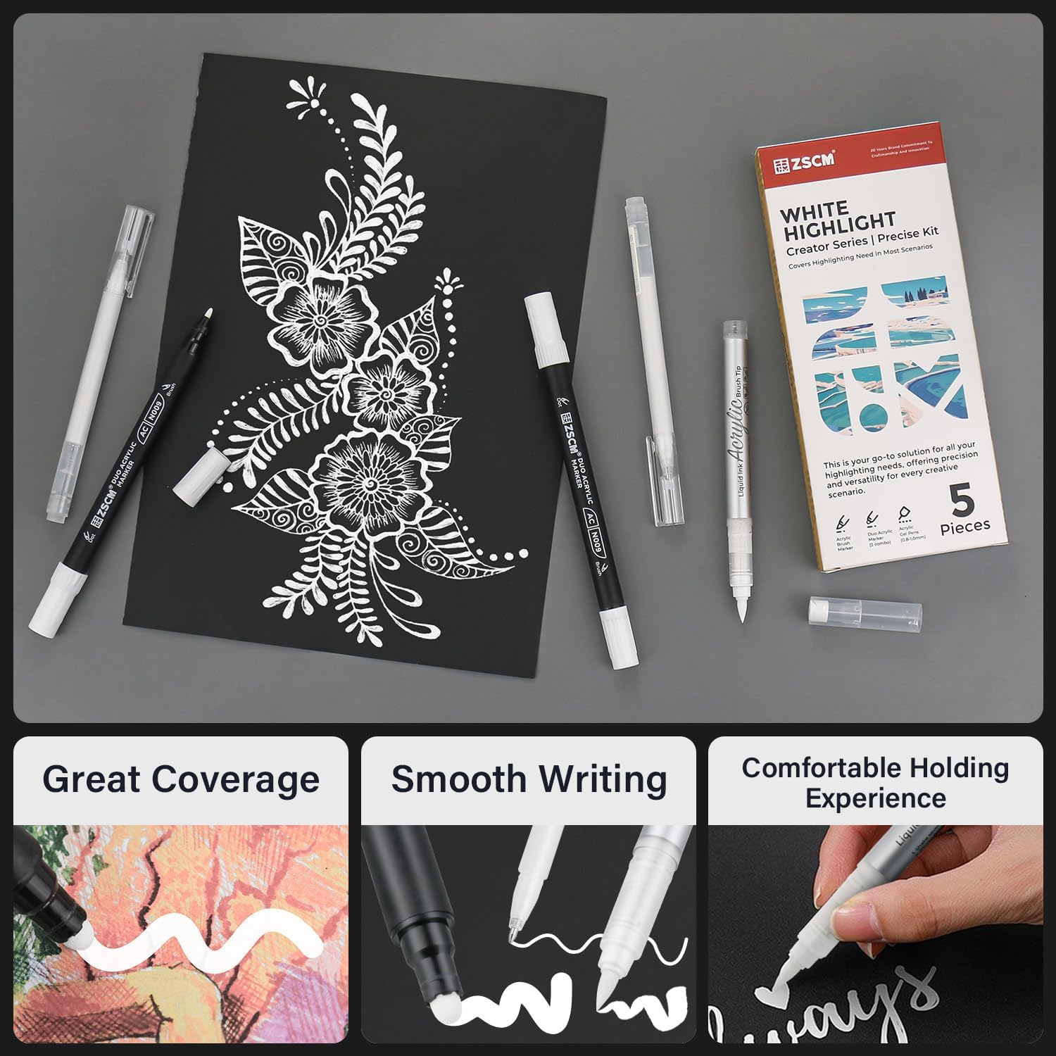 5pcs White Acrylic Drawing Pencils Fine Point Acrylic Gel Pens Matte for Drawing on Black Paper Sketching Illustration Card Making 5 Colors