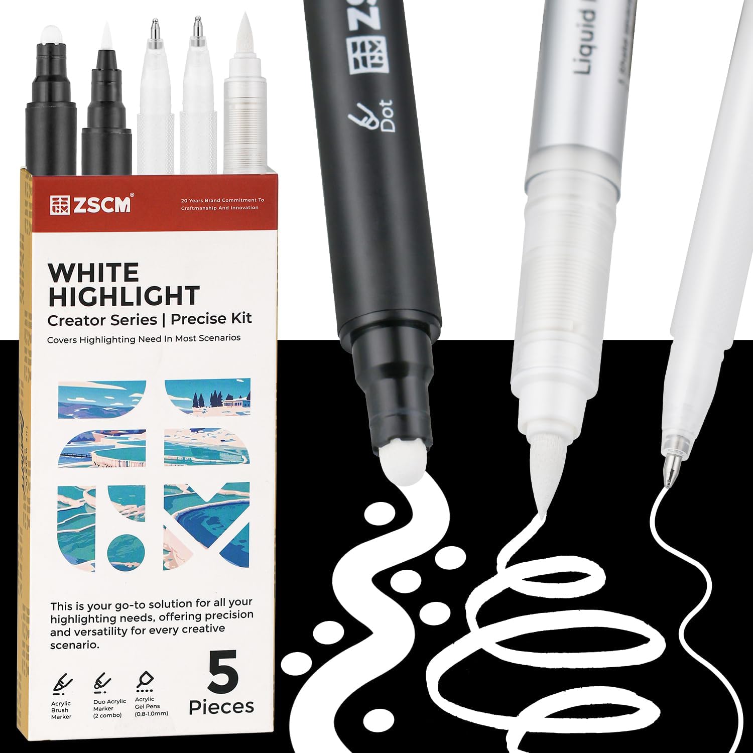 5pcs White Acrylic Drawing Pencils Fine Point Acrylic Gel Pens Matte for Drawing on Black Paper Sketching Illustration Card Making 5 Colors