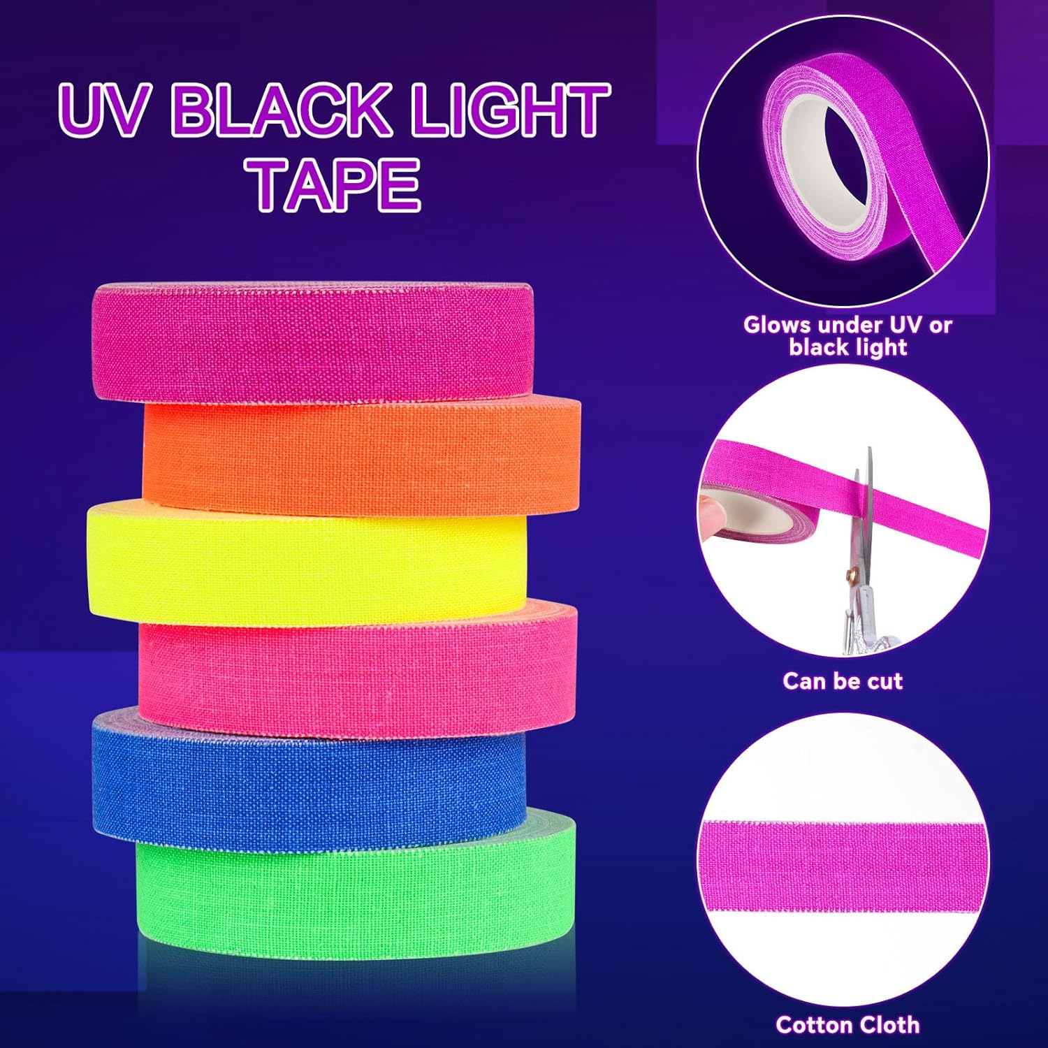 6 Rolls Neon UV Fluorescent Blacklight Gaffer Tape, Blacklight Reactive Bands, Glow in the Dark Tape, for Party Decorations, Crafts (15MM*30M)