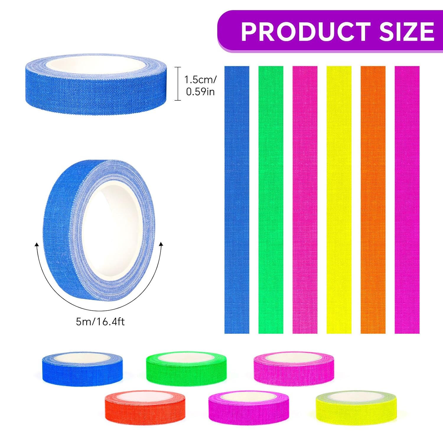 6 Rolls Neon UV Fluorescent Blacklight Gaffer Tape, Blacklight Reactive Bands, Glow in the Dark Tape, for Party Decorations, Crafts (15MM*30M)
