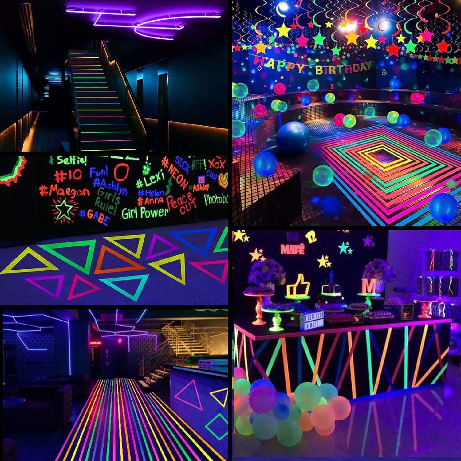 6 Rolls Neon UV Fluorescent Blacklight Gaffer Tape, Blacklight Reactive Bands, Glow in the Dark Tape, for Party Decorations, Crafts (15MM*30M)