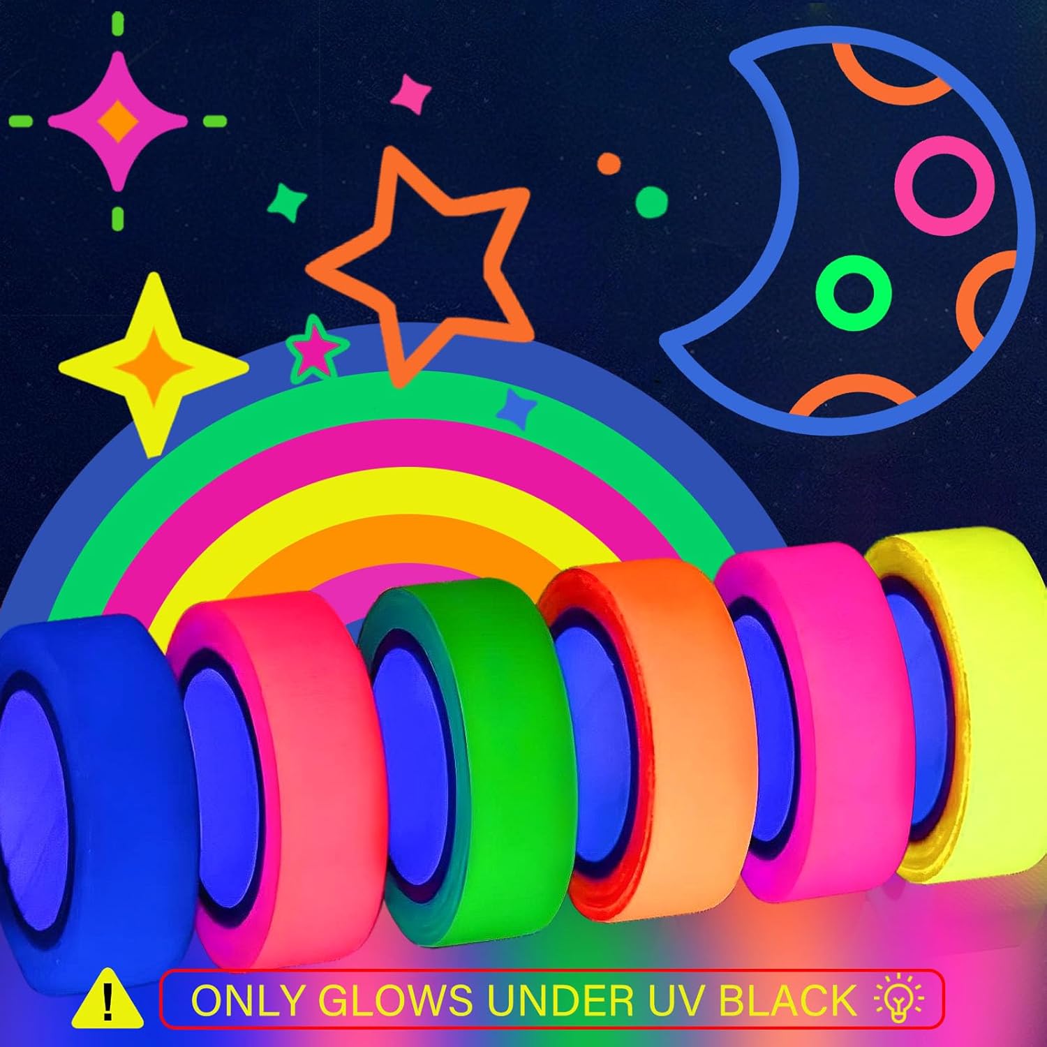 6 Rolls Neon UV Fluorescent Blacklight Gaffer Tape, Blacklight Reactive Bands, Glow in the Dark Tape, for Party Decorations, Crafts (15MM*30M)