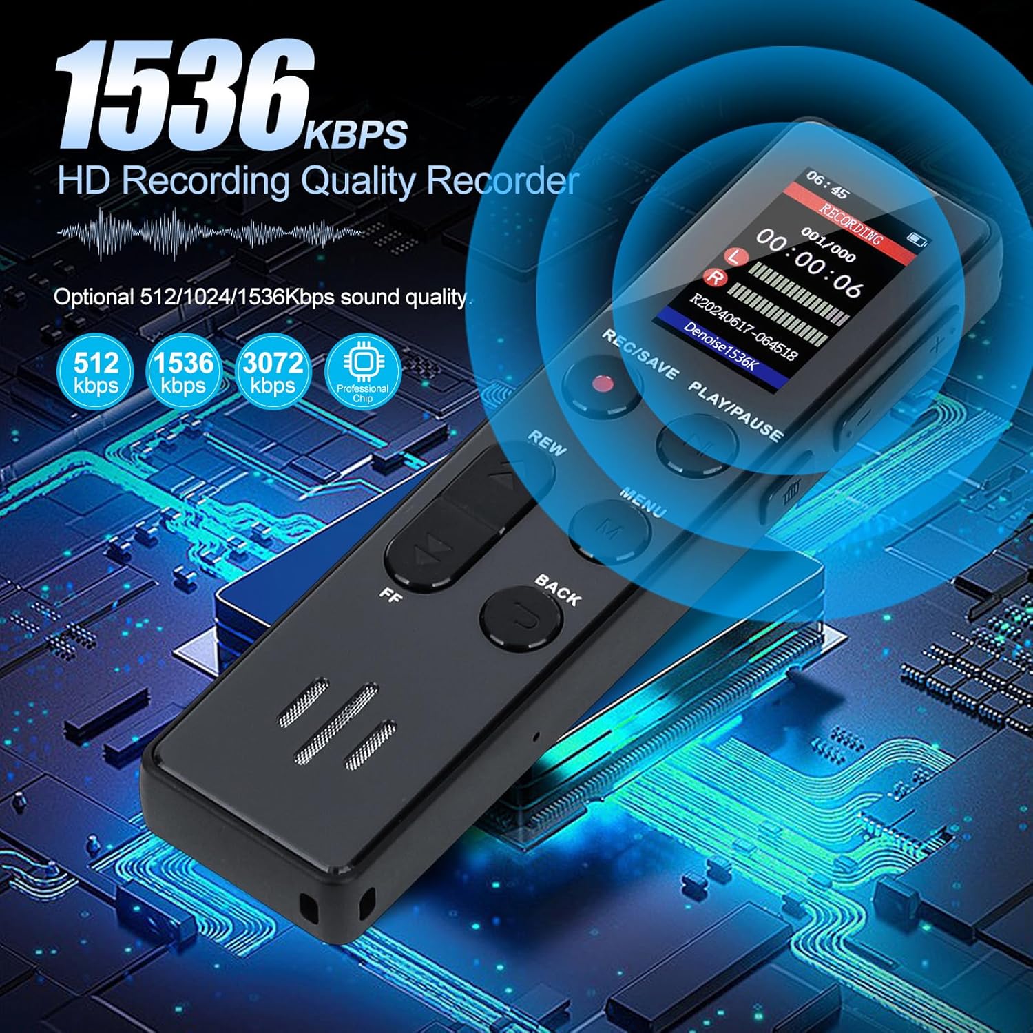 64GB Digital Voice Recorder, Activated, Portable with Playback, HD for Interviews/Lectures/Meetings