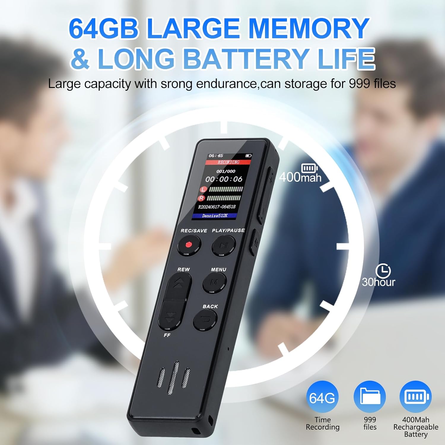 64GB Digital Voice Recorder, Activated, Portable with Playback, HD for Interviews/Lectures/Meetings