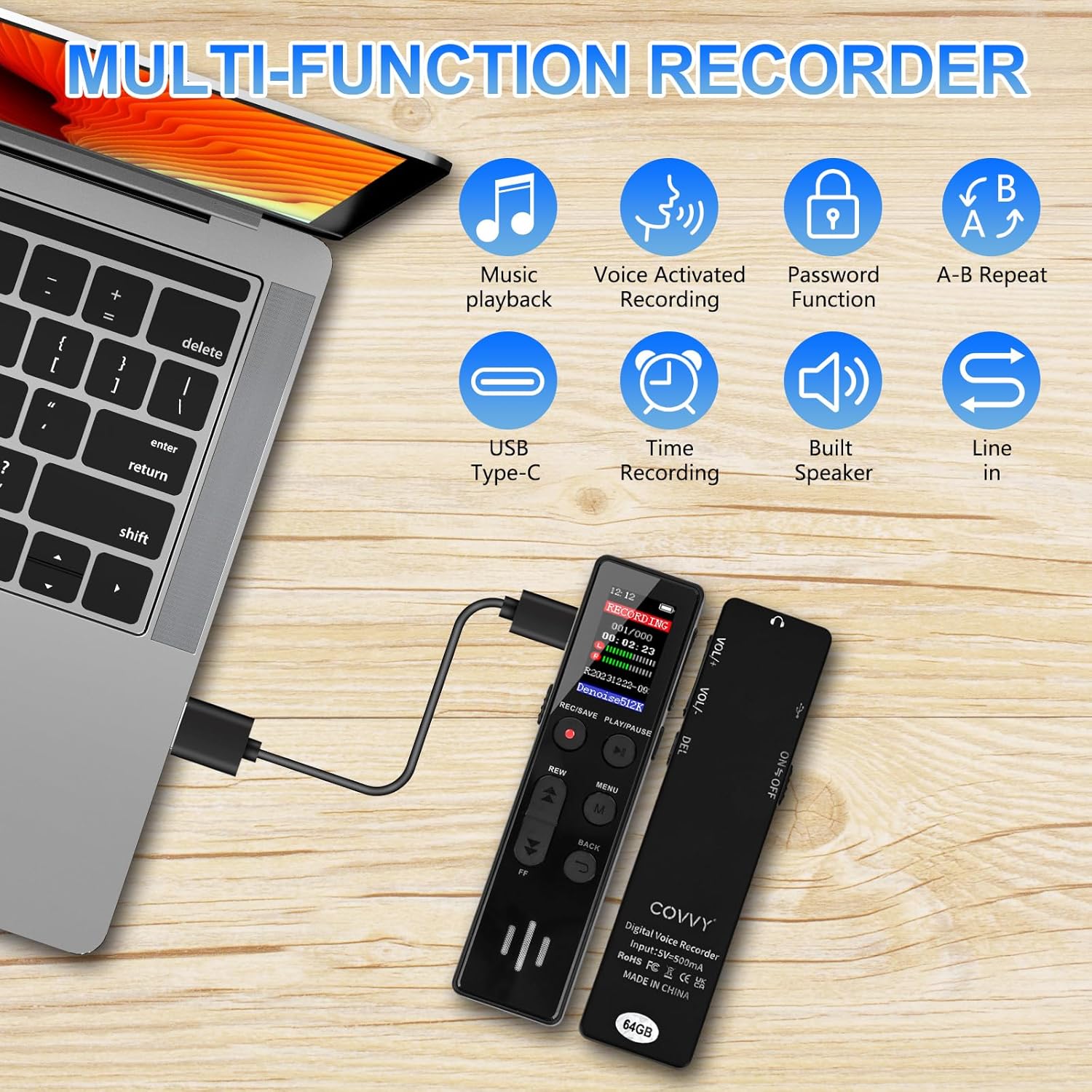 64GB Digital Voice Recorder, Activated, Portable with Playback, HD for Interviews/Lectures/Meetings