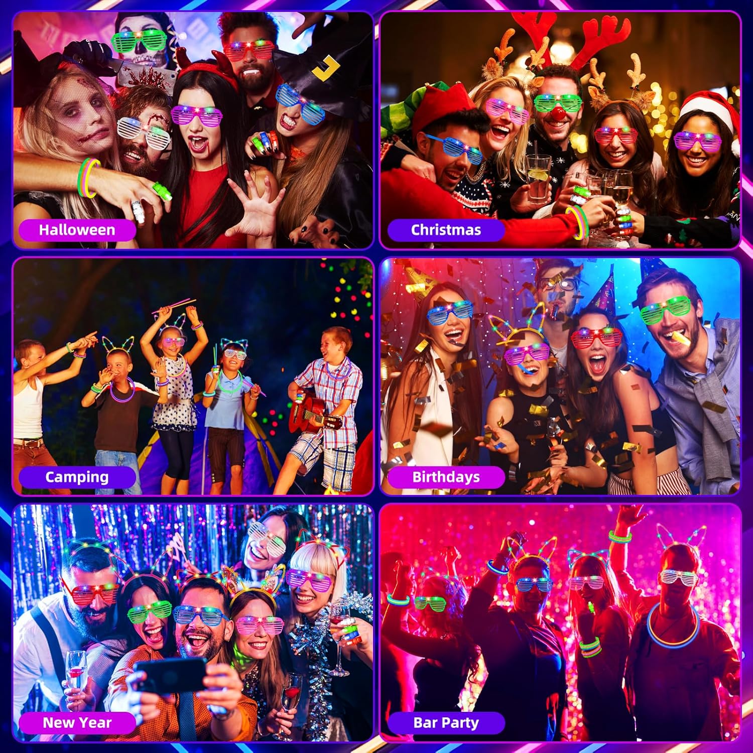 82 Pieces Fluorescent Luminous Bracelets, 6 LED Glasses, 50 Fluorescent Luminous Bracelets with 20 Finger Lights, 6 Luminous Hair Bands, Children's Birthday Gadgets for Weddings and Carnival Parties