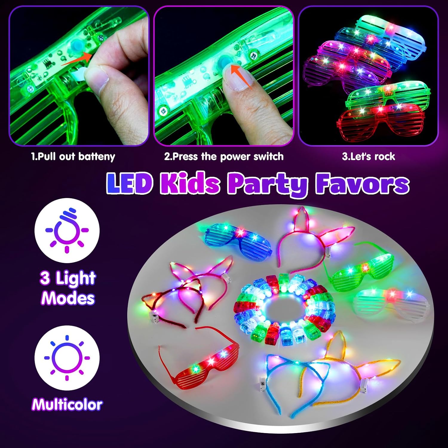 82 Pieces Fluorescent Luminous Bracelets, 6 LED Glasses, 50 Fluorescent Luminous Bracelets with 20 Finger Lights, 6 Luminous Hair Bands, Children's Birthday Gadgets for Weddings and Carnival Parties