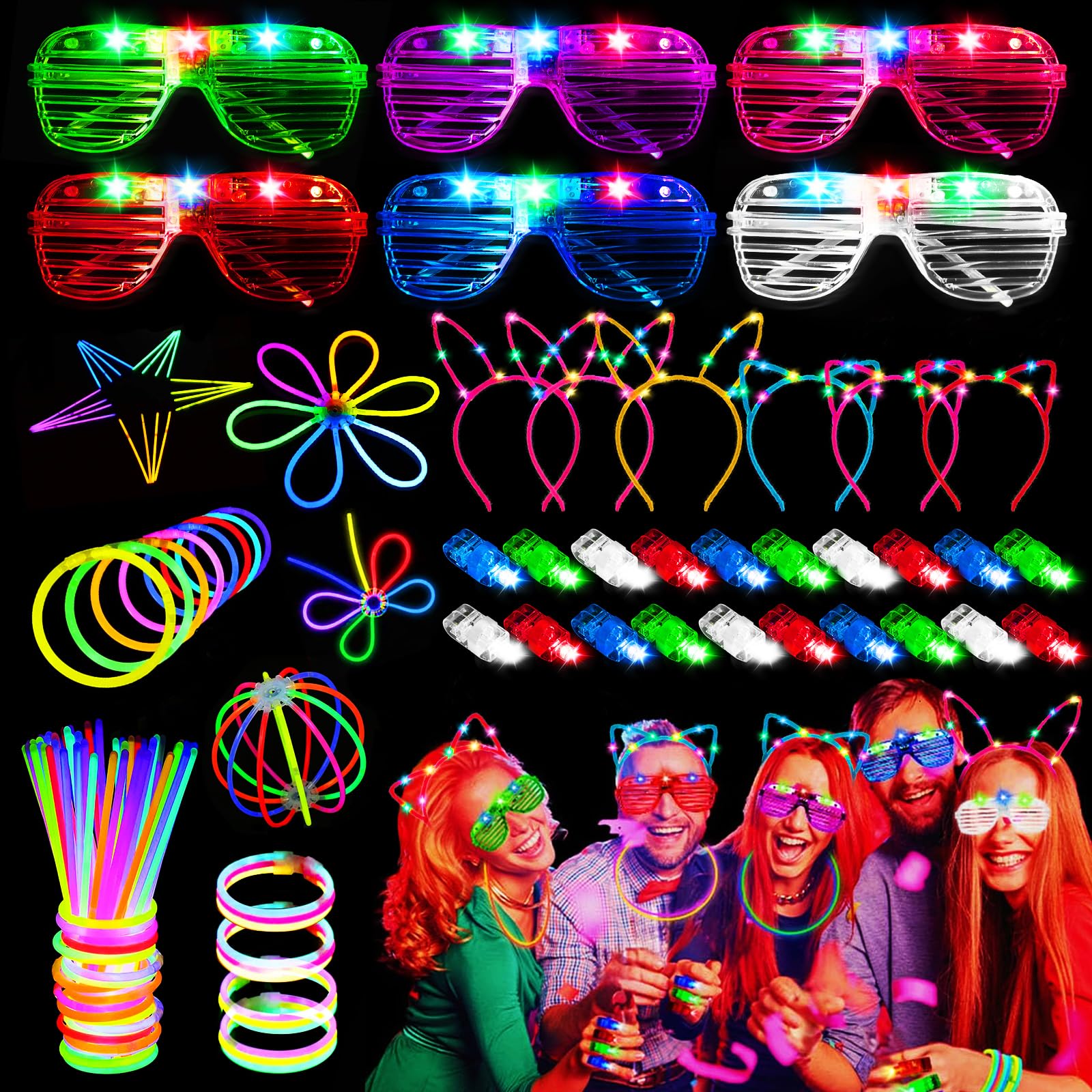 82 Pieces Fluorescent Luminous Bracelets, 6 LED Glasses, 50 Fluorescent Luminous Bracelets with 20 Finger Lights, 6 Luminous Hair Bands, Children's Birthday Gadgets for Weddings and Carnival Parties