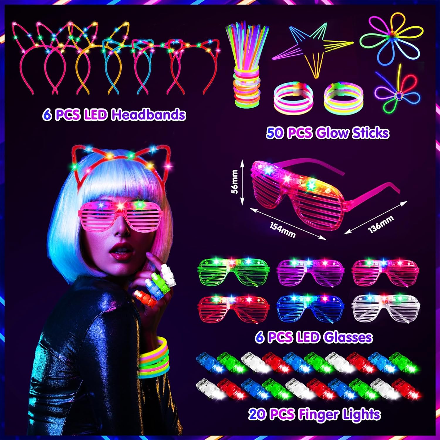 82 Pieces Fluorescent Luminous Bracelets, 6 LED Glasses, 50 Fluorescent Luminous Bracelets with 20 Finger Lights, 6 Luminous Hair Bands, Children's Birthday Gadgets for Weddings and Carnival Parties