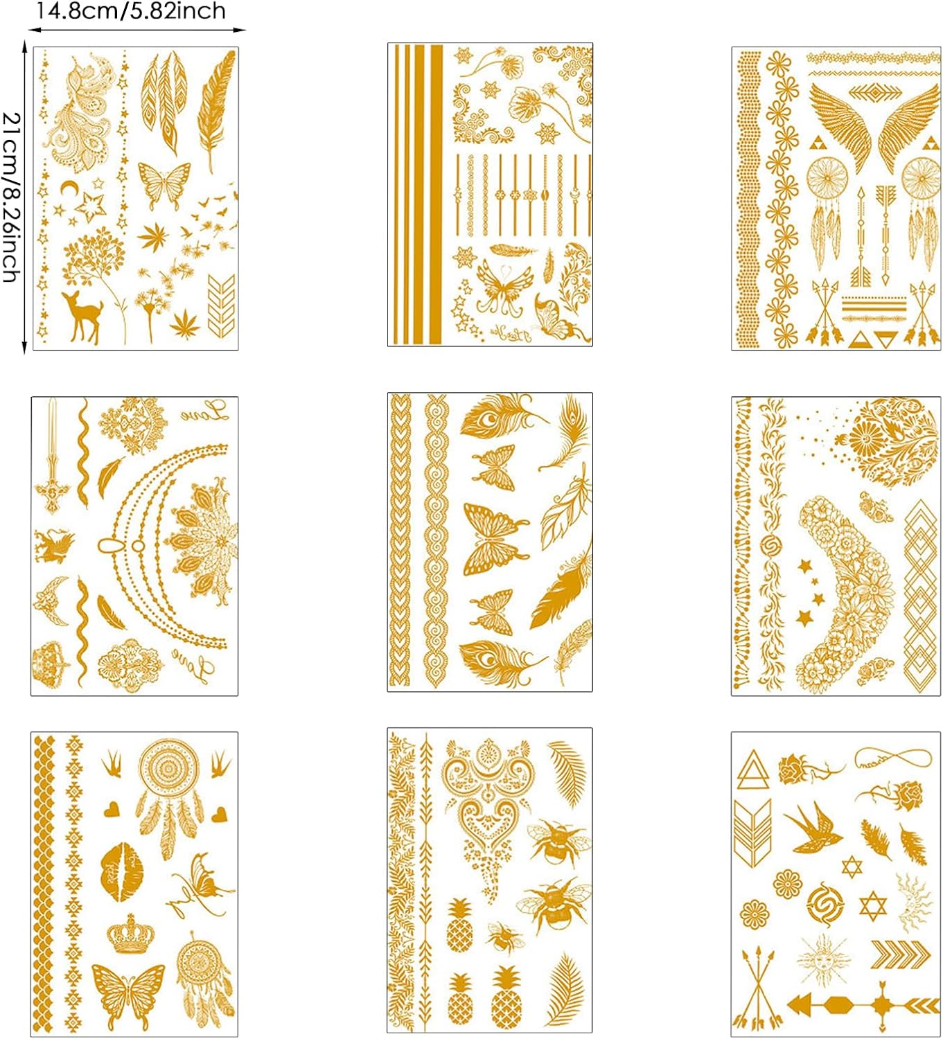9 Sheets Metallic Temporary Tattoo, Waterproof Gold Tattoo Stickers, Temporary Festival Tattoo Stickers for Women Men and Kids Beach, Music Festivals and Parties