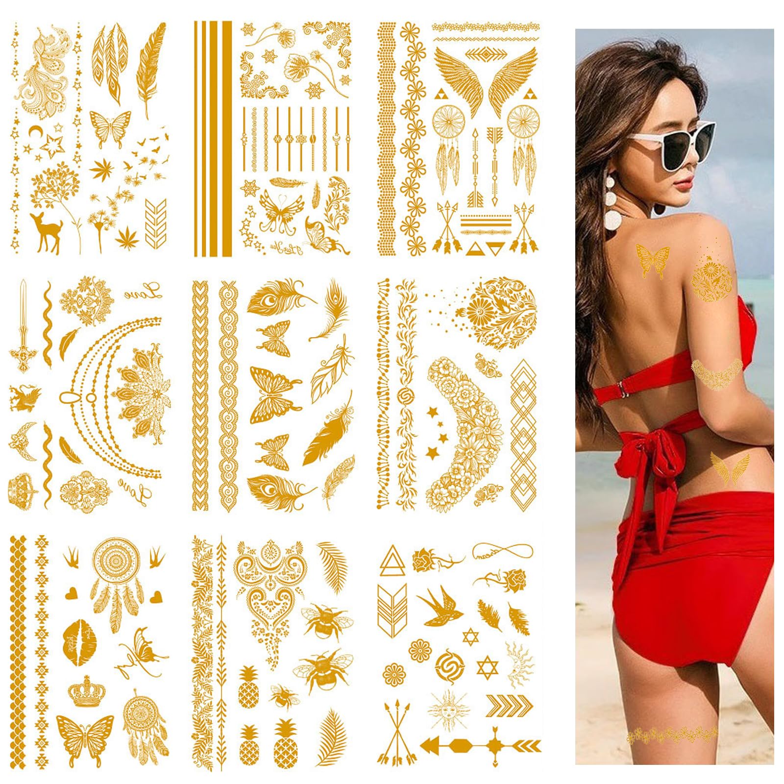9 Sheets Metallic Temporary Tattoo, Waterproof Gold Tattoo Stickers, Temporary Festival Tattoo Stickers for Women Men and Kids Beach, Music Festivals and Parties