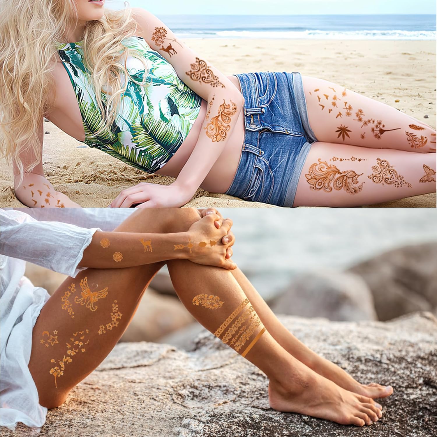 9 Sheets Metallic Temporary Tattoo, Waterproof Gold Tattoo Stickers, Temporary Festival Tattoo Stickers for Women Men and Kids Beach, Music Festivals and Parties