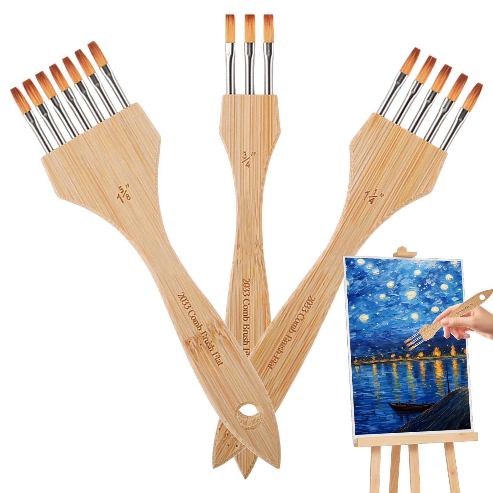 Acrylic Paint Brush Set, 3 Piece Nylon Wool Textured Acrylic Rake Brush for Painting for Beginners Adults Crafts Pottery Flat Style
