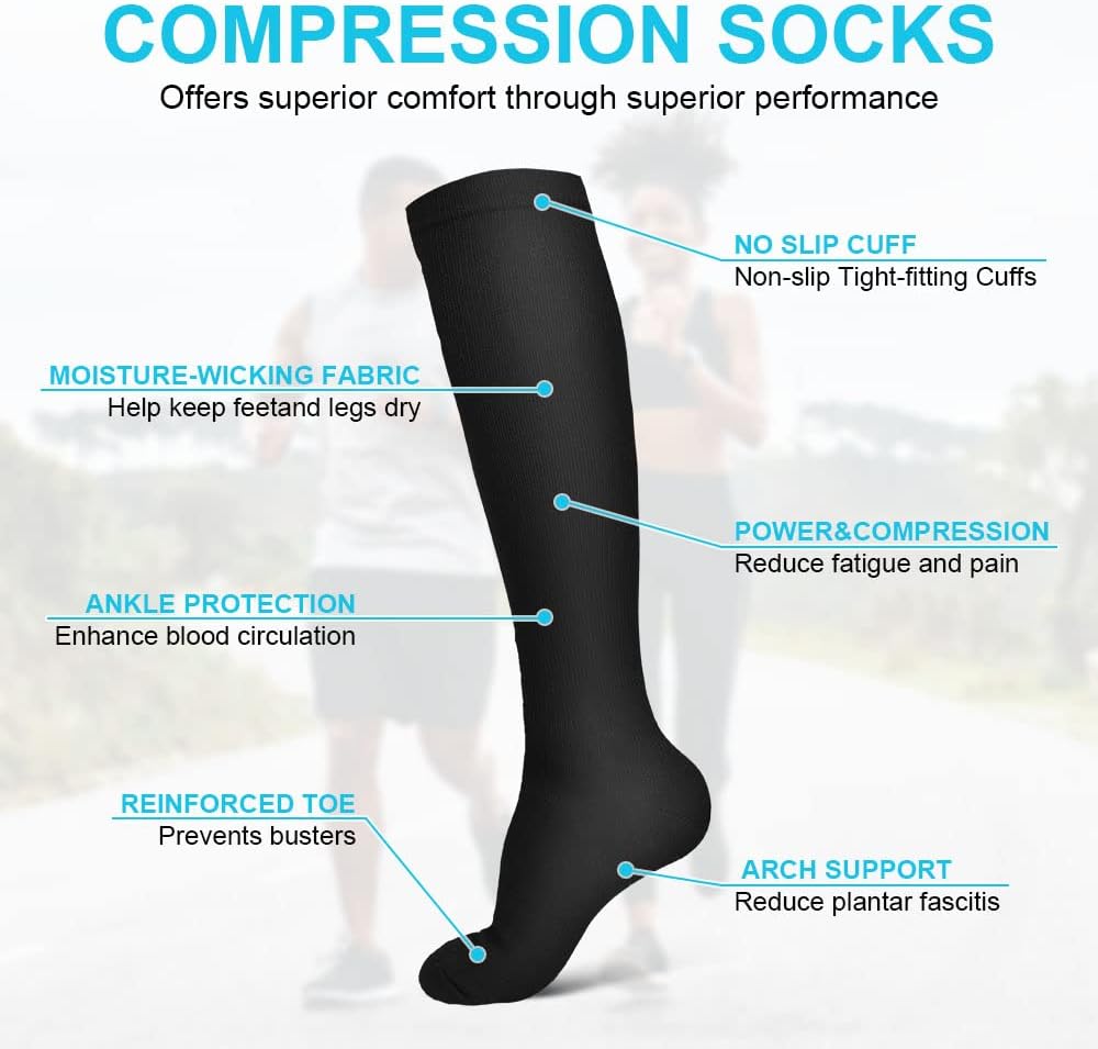 ACWOO Compression Socks for Women and Men, (1/3 /6 Pairs) 15-20 mmHg Graduated Compression Socks, Sports Compression Socks for Sports, Running, Cycling, Pregnancy, Plane Travel SM Black-6 Pairs