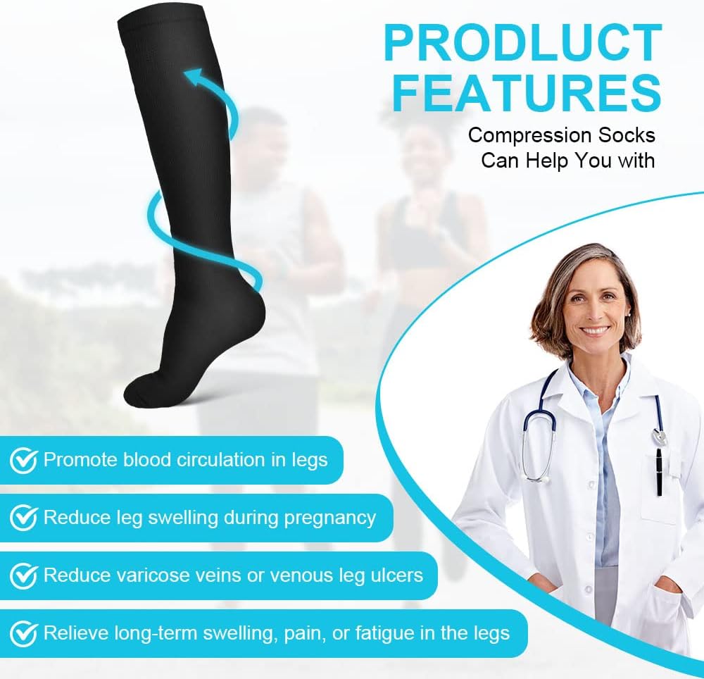ACWOO Compression Socks for Women and Men, (1/3 /6 Pairs) 15-20 mmHg Graduated Compression Socks, Sports Compression Socks for Sports, Running, Cycling, Pregnancy, Plane Travel SM Black-6 Pairs