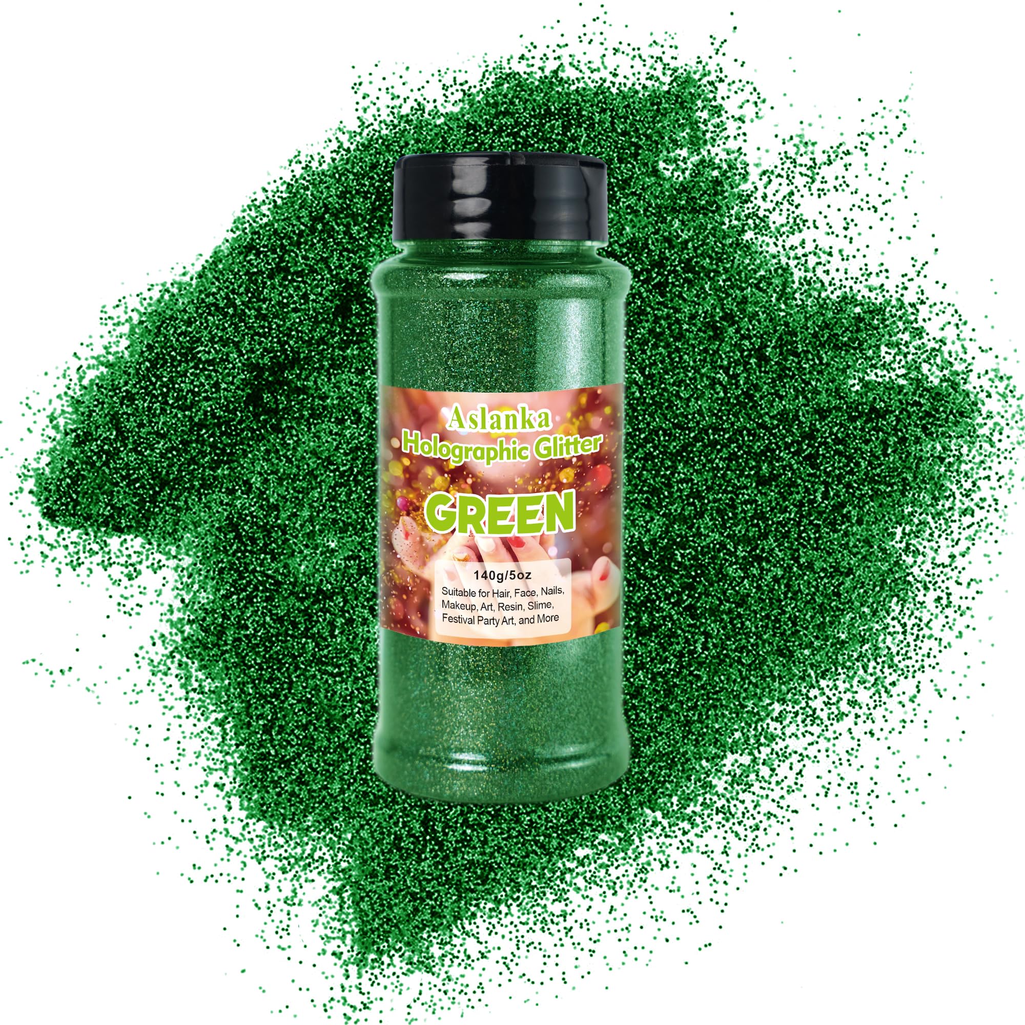 Alanka Glitter Powder, 140g for Fine Holographic Decorations - Glitter for Slime, Hobbies, Makeup, Nail Art, Painting - Green