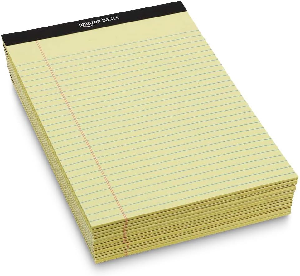 Amazon Basics Legal/Wide Ruled, 8.5 by 11.75 Inches, 50 Sheets, Pack of 12, Canary, Letter Canary 21.6 cm by 29.8 cm (Pack of 12) Ruled Single