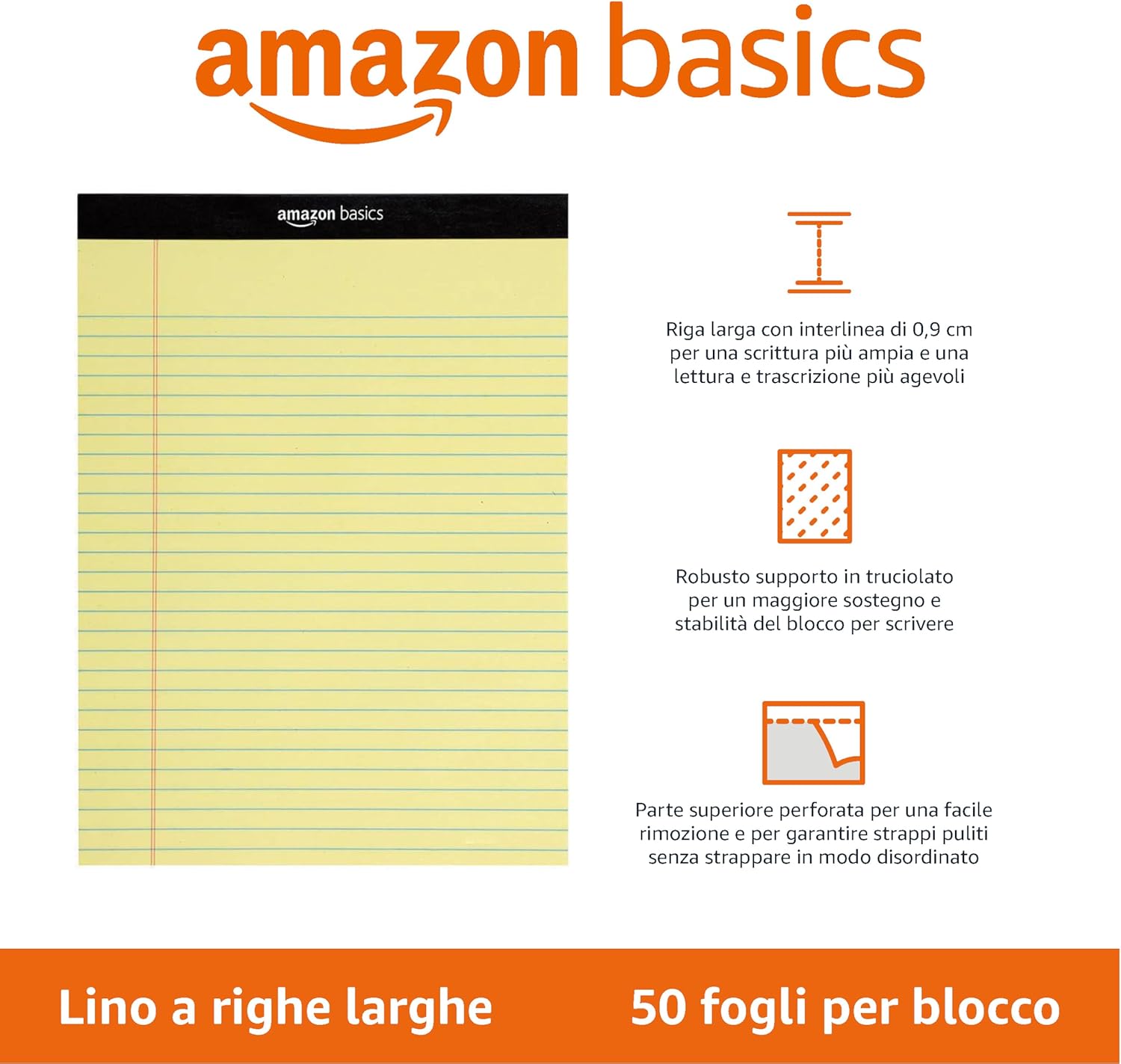 Amazon Basics Legal/Wide Ruled, 8.5 by 11.75 Inches, 50 Sheets, Pack of 12, Canary, Letter Canary 21.6 cm by 29.8 cm (Pack of 12) Ruled Single