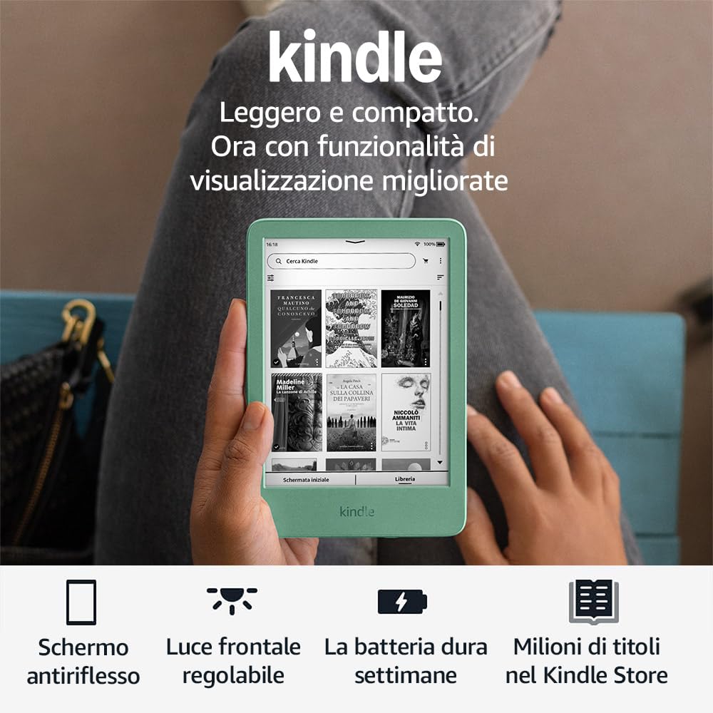 Amazon Kindle (Latest model) - The lightest and most compact, with anti-glare screen, faster page turning, adjustable front lighting - 16 GB - With advertising - Matcha Green Matcha Green With advertising