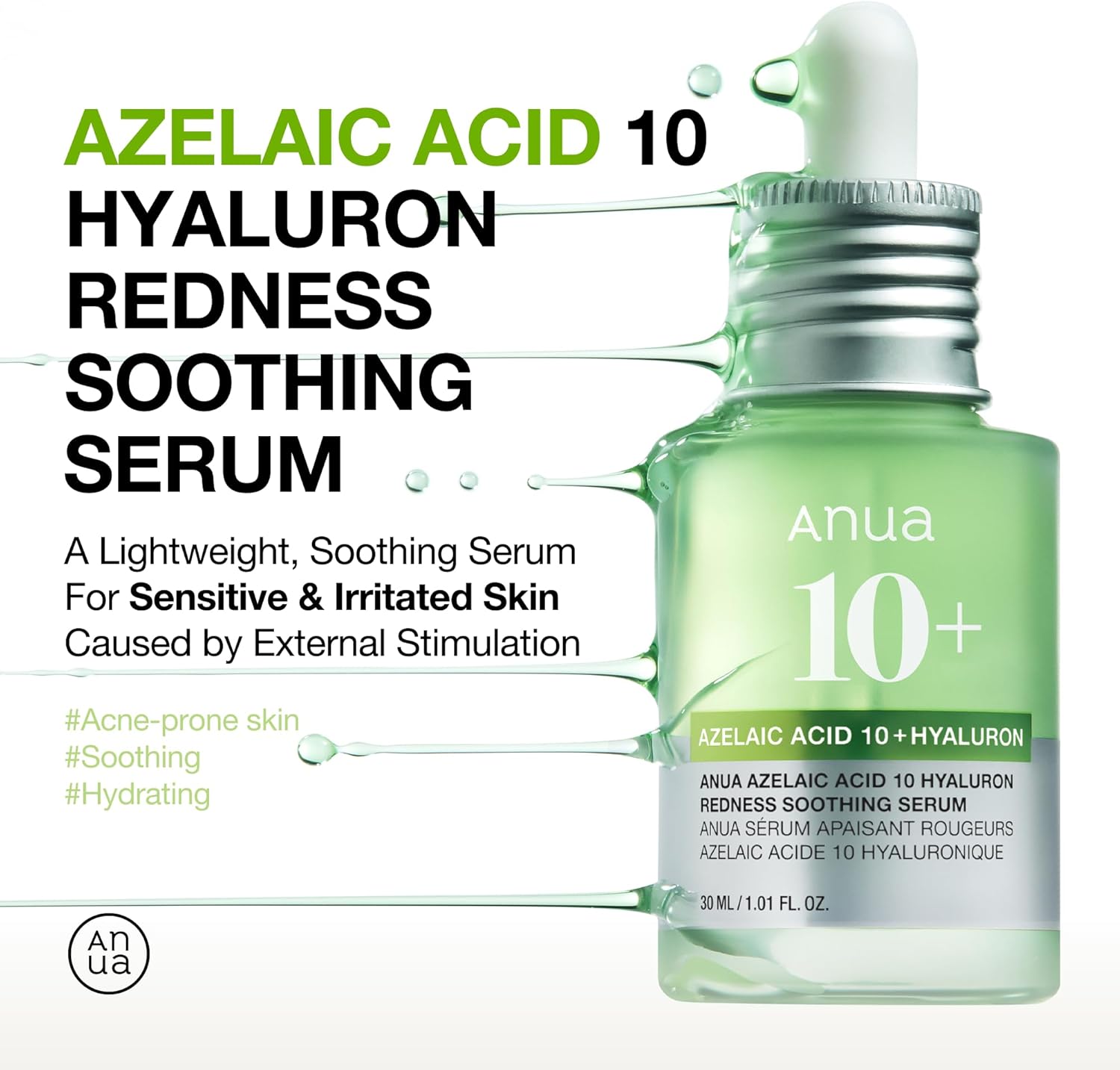 ANUA Soothing Anti-Redness Serum with Azelaic Acid 10 Hyaluronic Acid, Facial Serum for Sensitive Skin (30 Ml/1.01 Fl Oz)