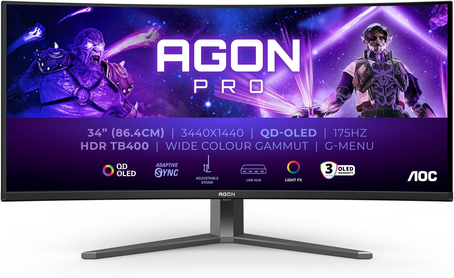 AOC Agon PRO AG346UCDAM - 34 inch WQHD OLED Curved Gaming Monitor, 175 Hz, 0.03 ms, FreeSync Premium Pro, comp. G-Sync, HDR400 3440x1440, 2x HDMI, DisplayPort, Black USB Hub, QD-OLED 34" WQHD QD - OLED 175Hz FreeSync Premium Pro Amazon Exclusive
