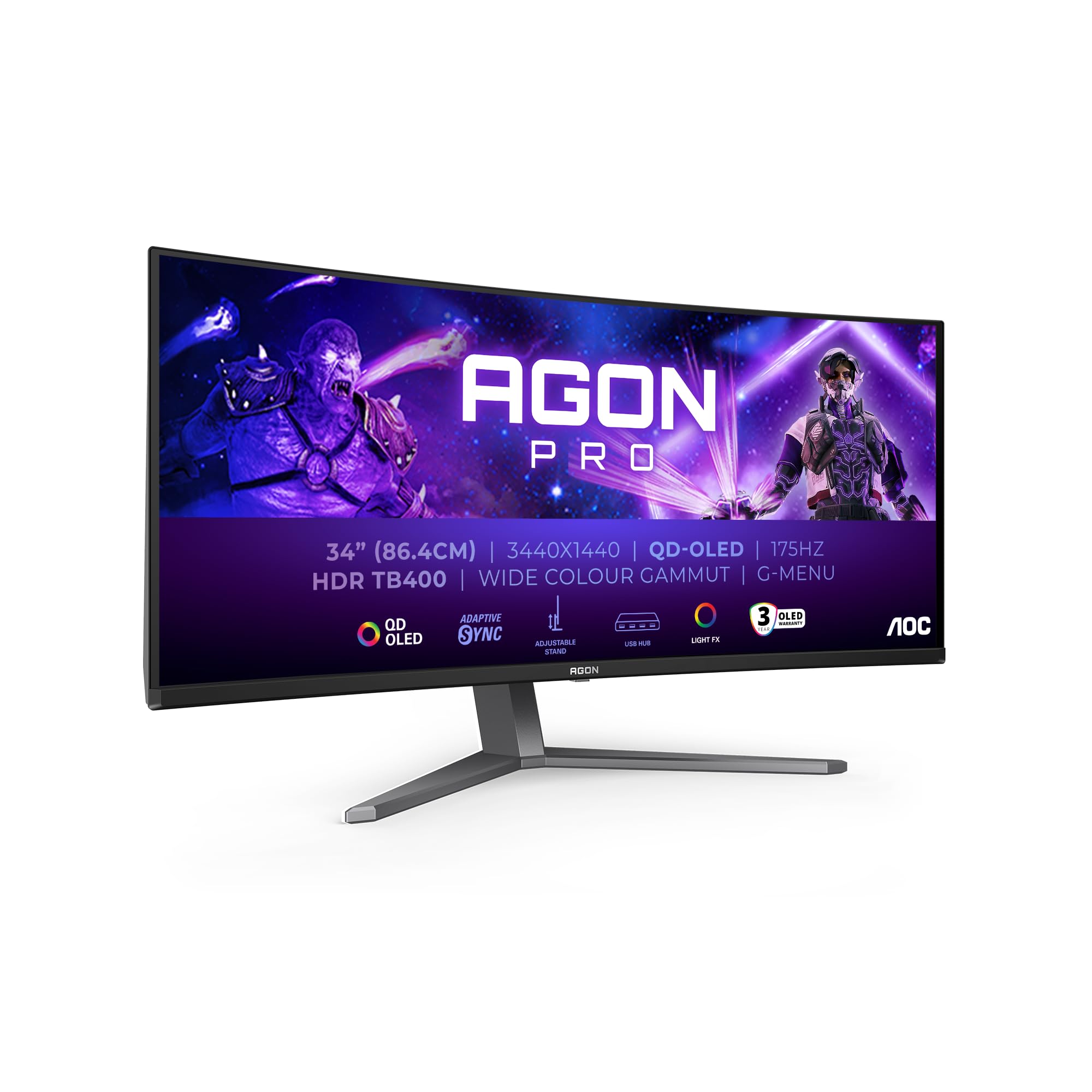 AOC Agon PRO AG346UCDAM - 34 inch WQHD OLED Curved Gaming Monitor, 175 Hz, 0.03 ms, FreeSync Premium Pro, comp. G-Sync, HDR400 3440x1440, 2x HDMI, DisplayPort, Black USB Hub, QD-OLED 34" WQHD QD - OLED 175Hz FreeSync Premium Pro Amazon Exclusive
