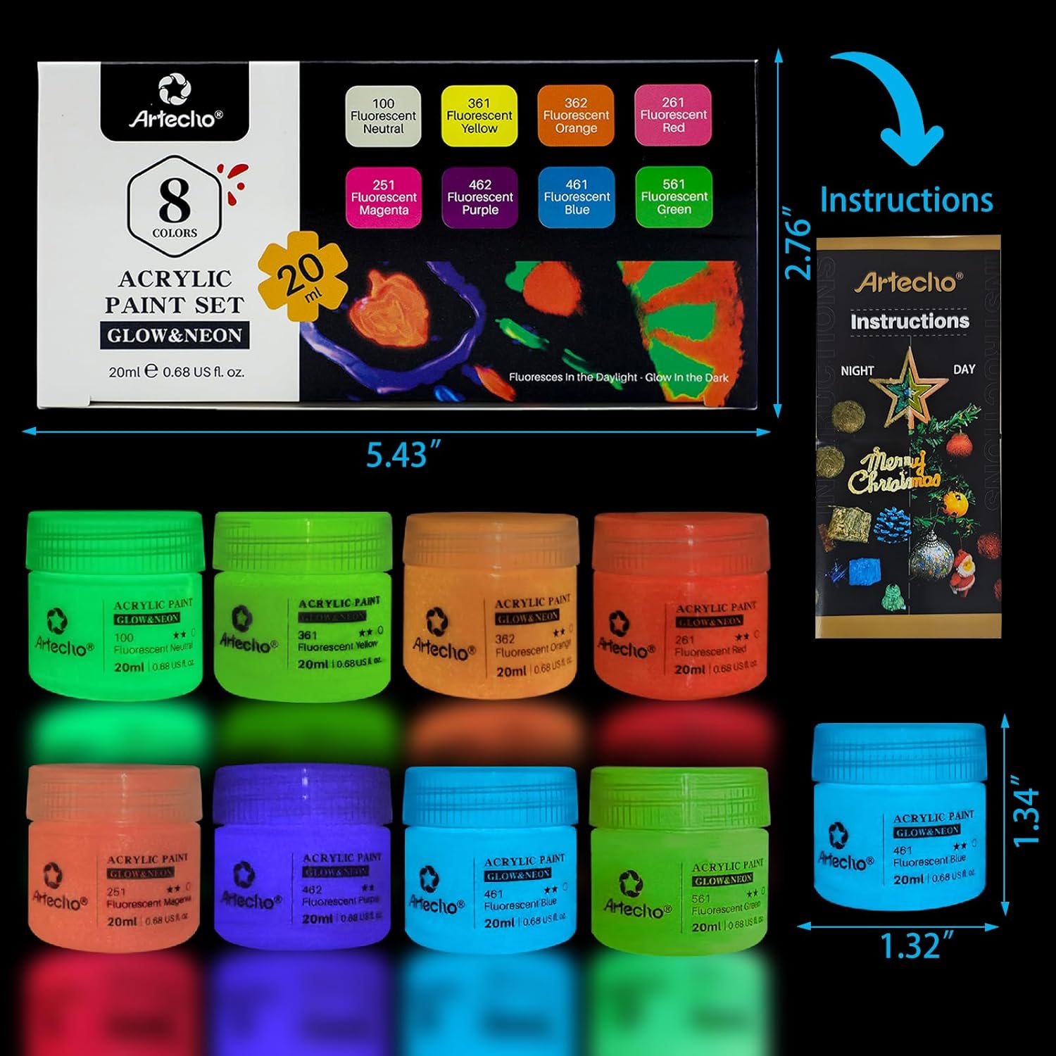 Artecho 8C Neon & Glow in the Dark - 2 in 1 Acrylic Paint Set, 20ml Bright Bottle (8 x 20ml)