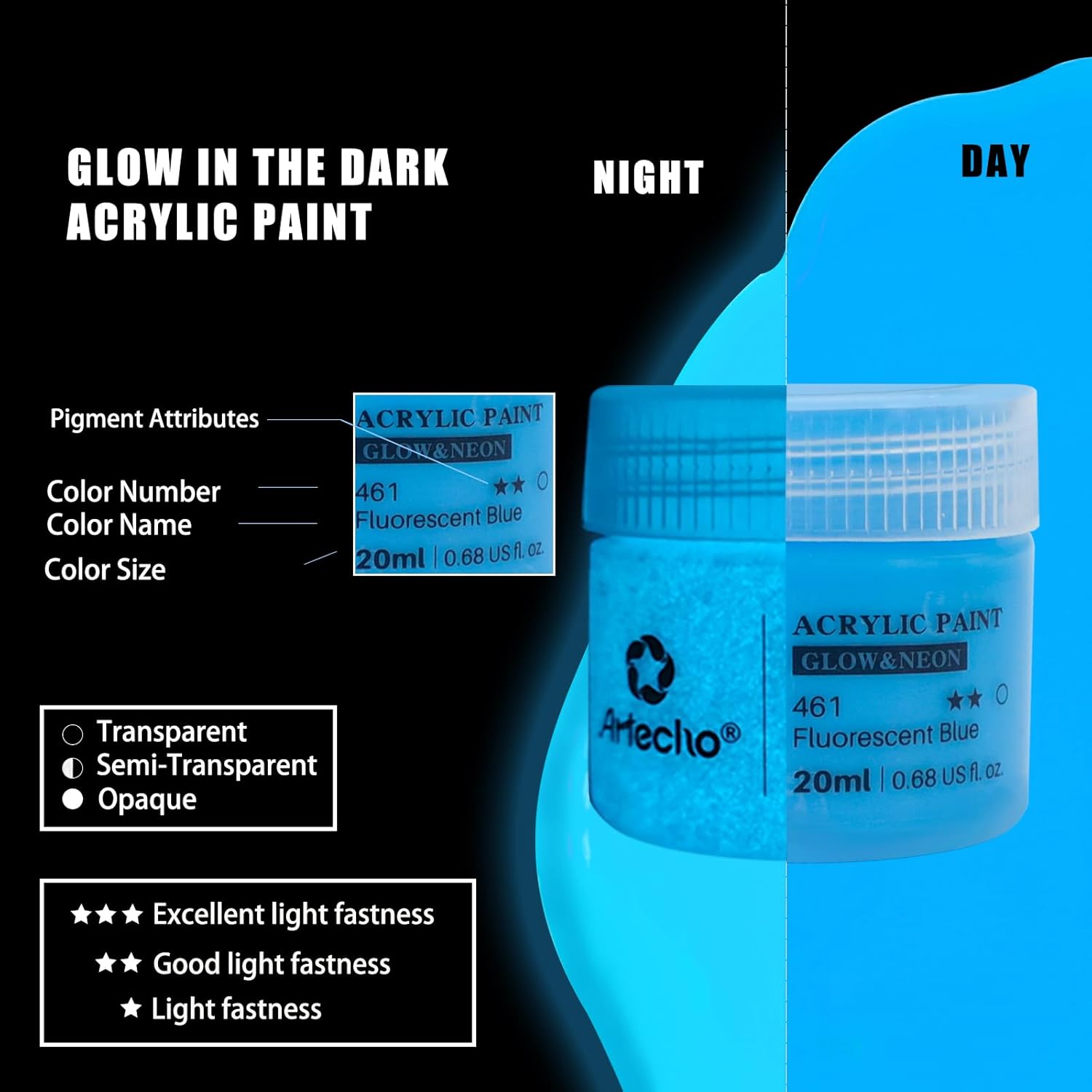 Artecho 8C Neon & Glow in the Dark - 2 in 1 Acrylic Paint Set, 20ml Bright Bottle (8 x 20ml)