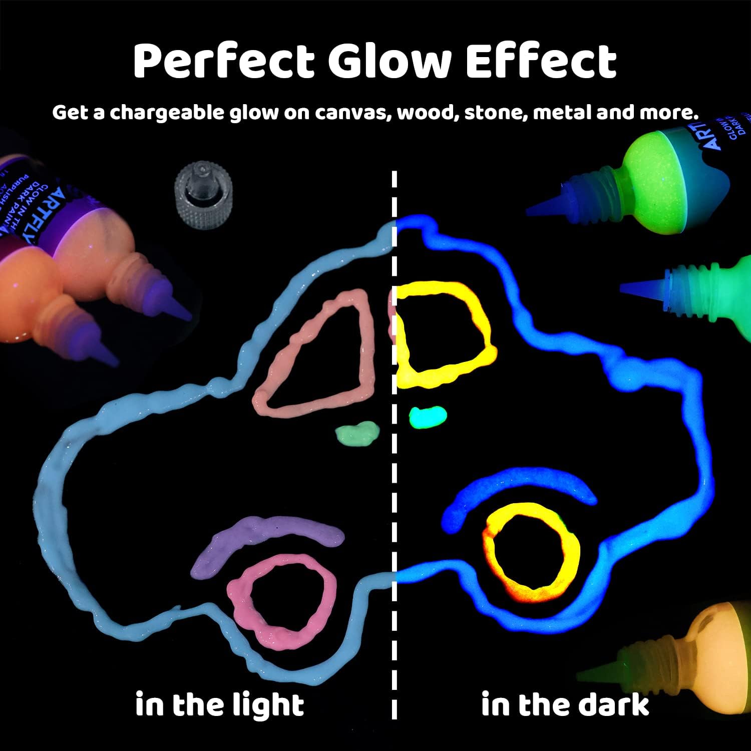 ARTFLY Glow in The Dark Illuminating Acrylic Paint Set 12 x 30ml/1oz, Perfect for Art Painting, DIY, Halloween Christmas Decorations, Rich Pigments for Artists, Students