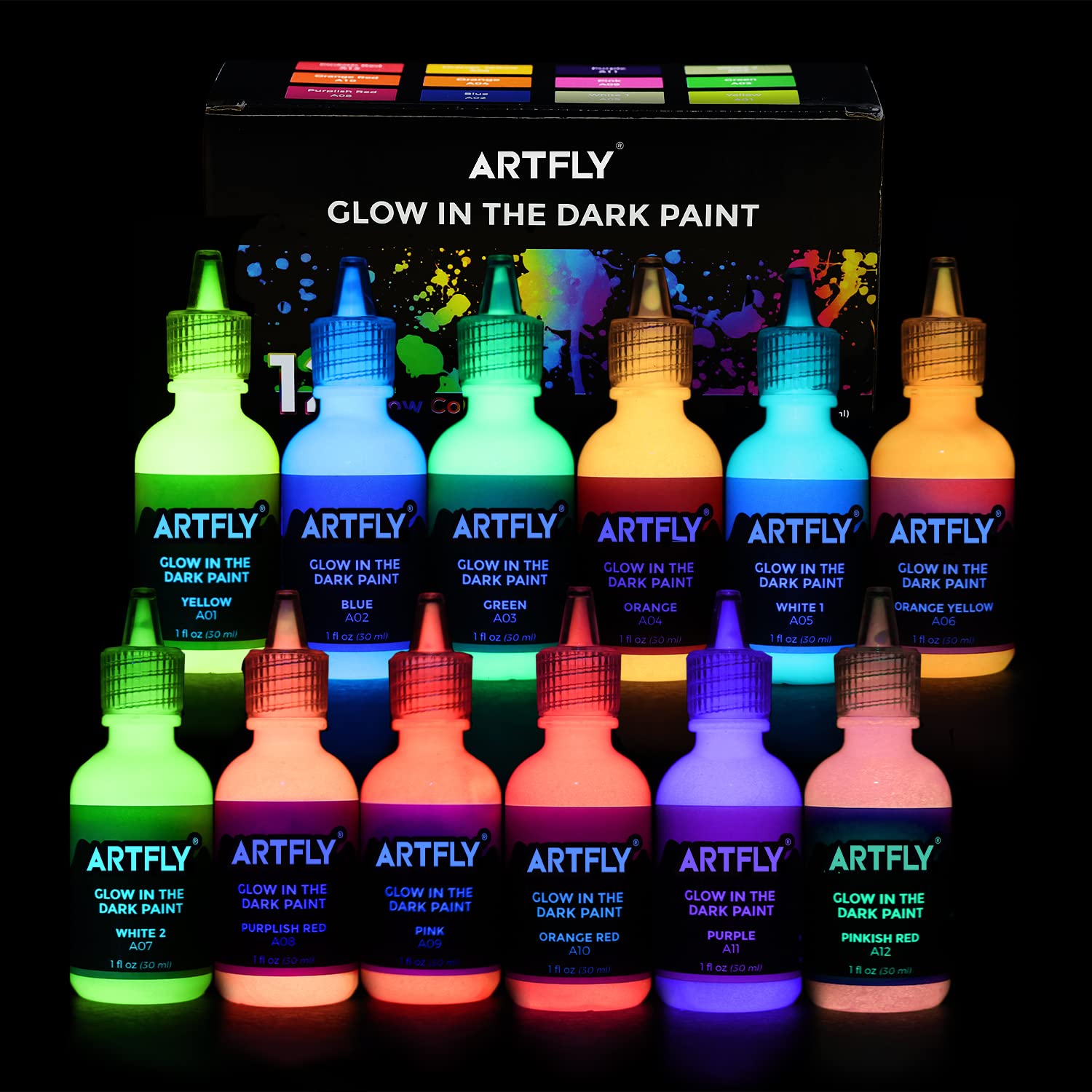 ARTFLY Glow in The Dark Illuminating Acrylic Paint Set 12 x 30ml/1oz, Perfect for Art Painting, DIY, Halloween Christmas Decorations, Rich Pigments for Artists, Students
