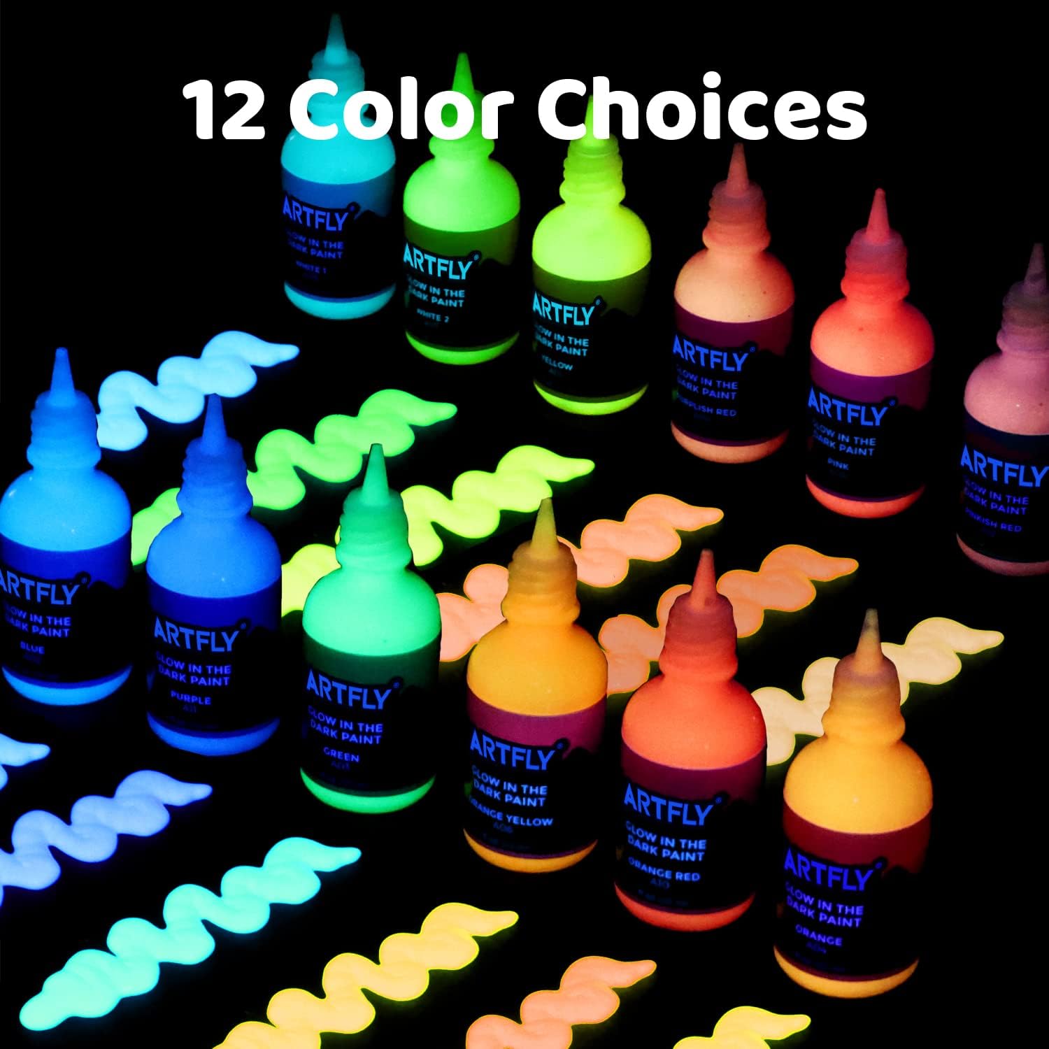 ARTFLY Glow in The Dark Illuminating Acrylic Paint Set 12 x 30ml/1oz, Perfect for Art Painting, DIY, Halloween Christmas Decorations, Rich Pigments for Artists, Students