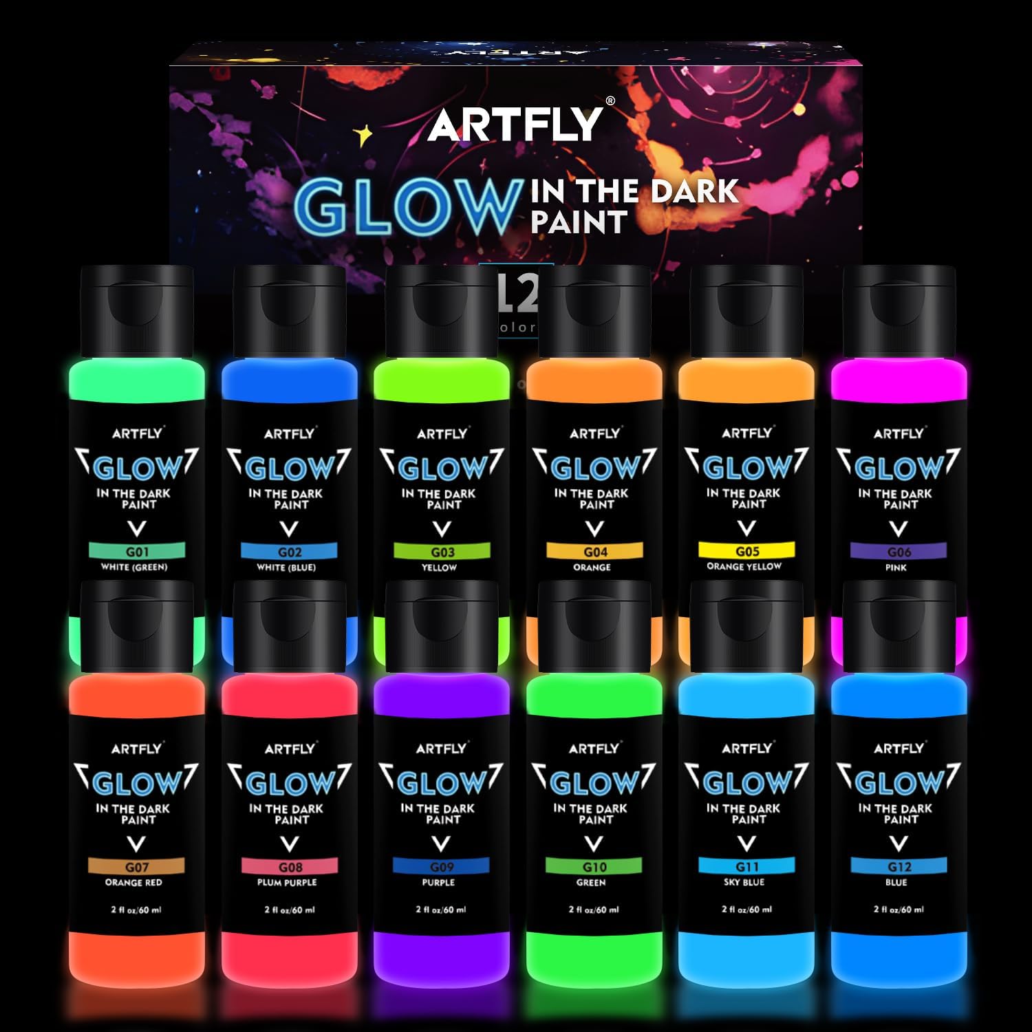 ARTFLY Glow in The Dark Illuminating Acrylic Paint Set 12 x 60ml/2oz, Perfect for Art Painting, DIY, Halloween Christmas Decorations, Rich Pigments for Artists, Students