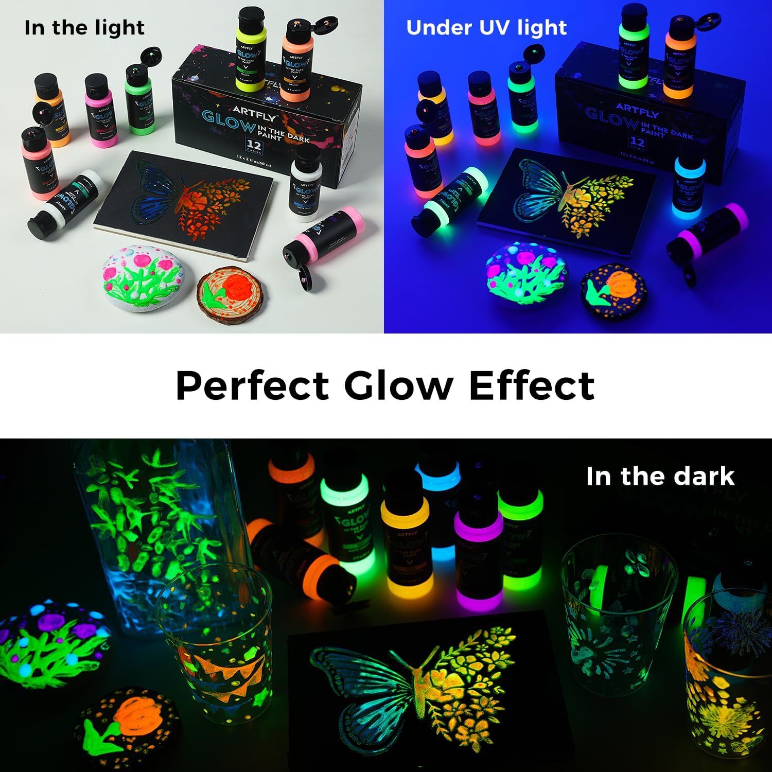 ARTFLY Glow in The Dark Illuminating Acrylic Paint Set 12 x 60ml/2oz, Perfect for Art Painting, DIY, Halloween Christmas Decorations, Rich Pigments for Artists, Students