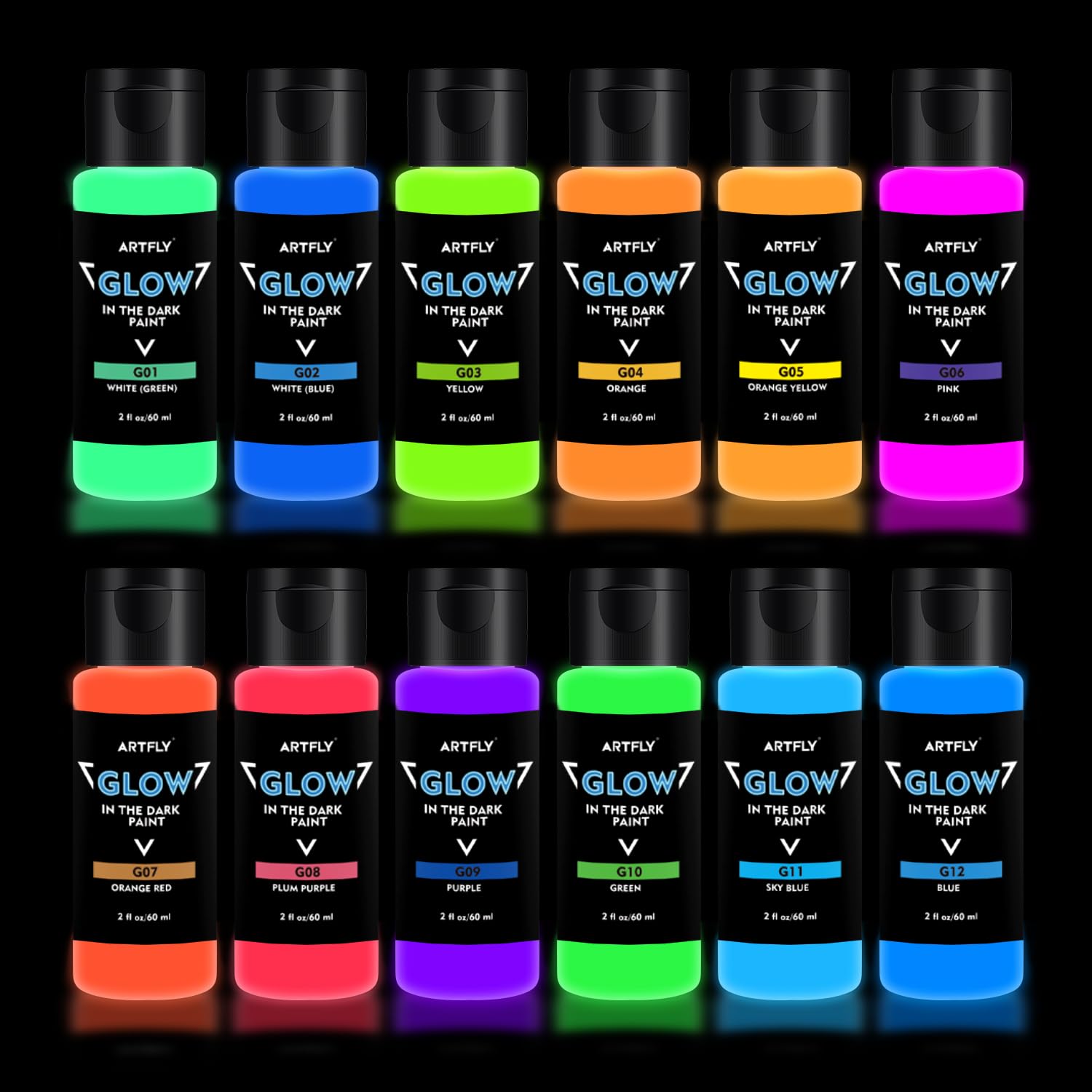 ARTFLY Glow in The Dark Illuminating Acrylic Paint Set 12 x 60ml/2oz, Perfect for Art Painting, DIY, Halloween Christmas Decorations, Rich Pigments for Artists, Students