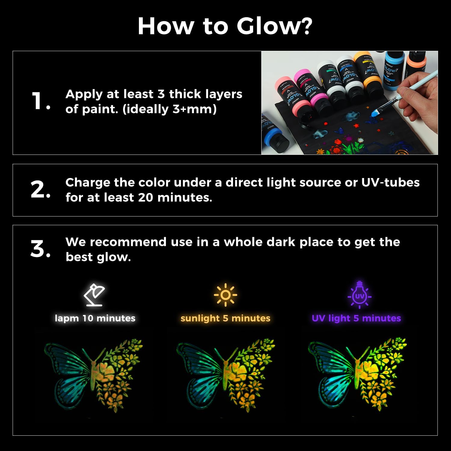 ARTFLY Glow in The Dark Illuminating Acrylic Paint Set 12 x 60ml/2oz, Perfect for Art Painting, DIY, Halloween Christmas Decorations, Rich Pigments for Artists, Students