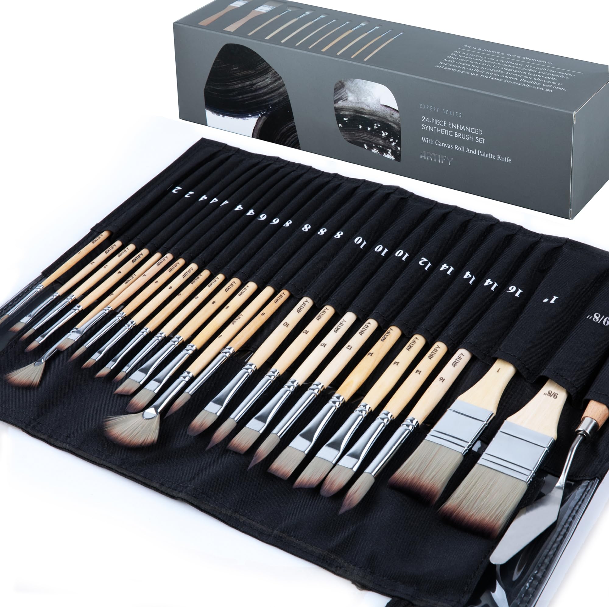 ARTIFY 24 Piece Brush Set, Expert Series, Enhanced Synthetic Brush Set with Canvas Roller and Palette Knife for Acrylic Oil Watercolor Temperament (Birch) Wood