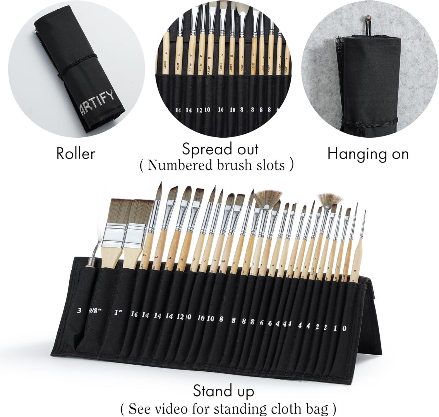 ARTIFY 24 Piece Brush Set, Expert Series, Enhanced Synthetic Brush Set with Canvas Roller and Palette Knife for Acrylic Oil Watercolor Temperament (Birch) Wood