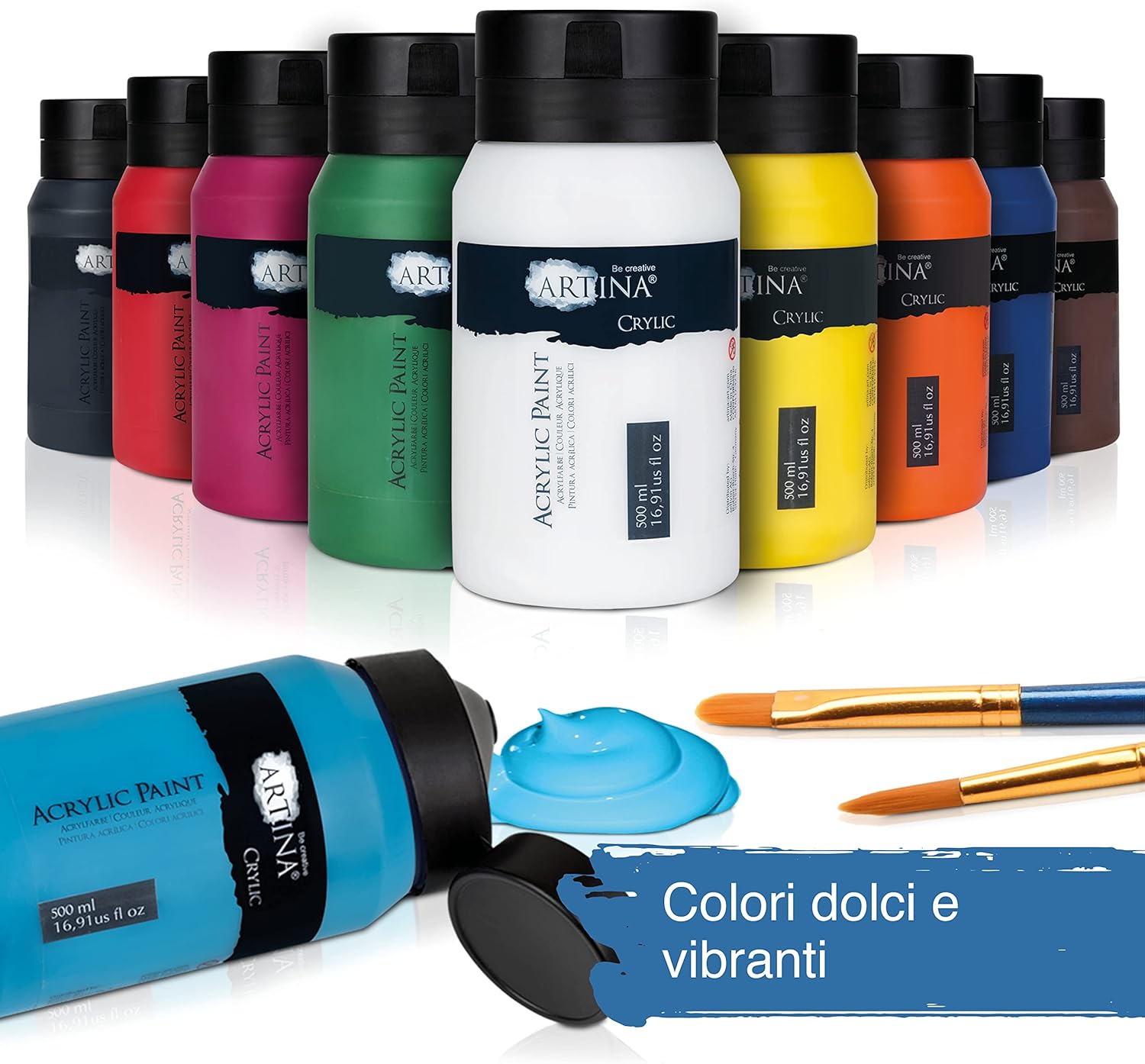 Artina Set of acrylic colors for painting Crylic - 10 jars x 500ml - for artistic activities - Highly pigmented colors - Painting Set - Acrylic Color in a Jar - acrylic tempera 500 ml (Pack of 10)