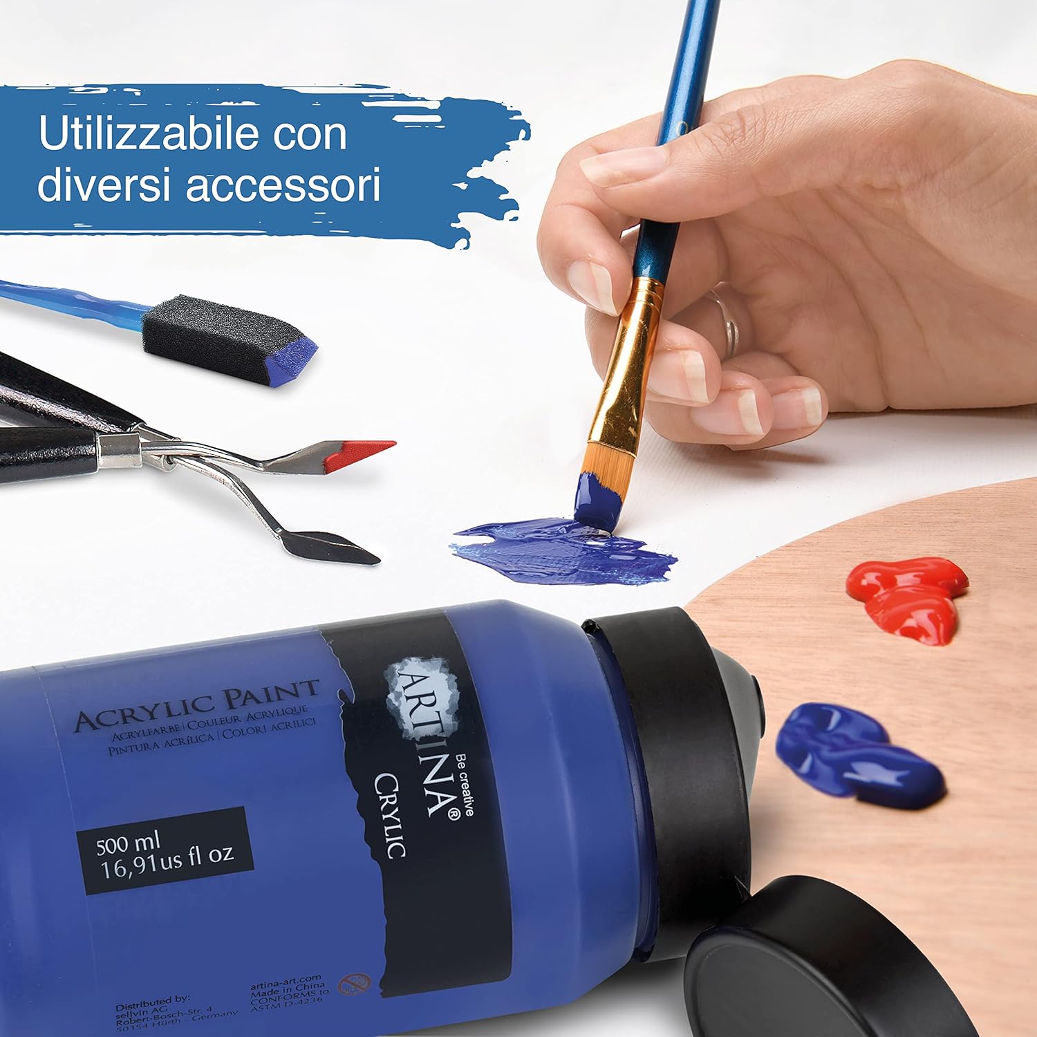 Artina Set of acrylic colors for painting Crylic - 10 jars x 500ml - for artistic activities - Highly pigmented colors - Painting Set - Acrylic Color in a Jar - acrylic tempera 500 ml (Pack of 10)