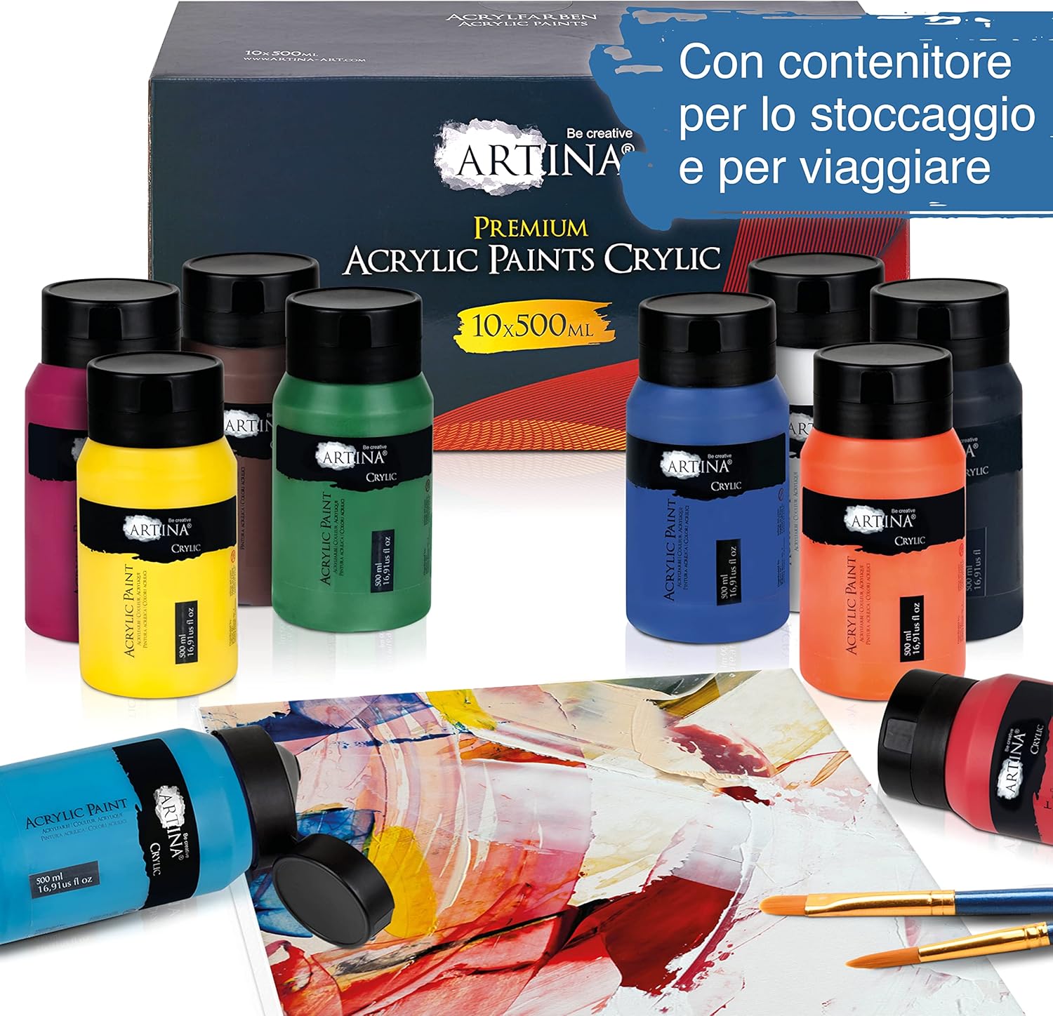 Artina Set of acrylic colors for painting Crylic - 10 jars x 500ml - for artistic activities - Highly pigmented colors - Painting Set - Acrylic Color in a Jar - acrylic tempera 500 ml (Pack of 10)