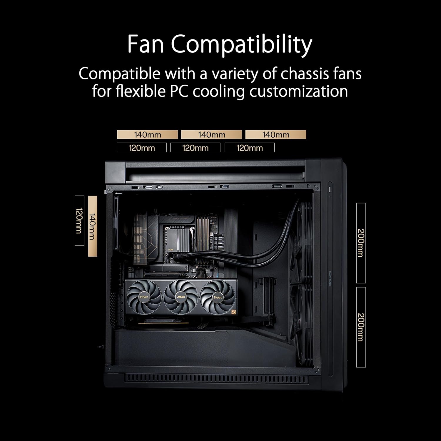 ASUS ProArt PA602 E-ATX PC Case 420mm Radiator Support, Dual 200mm Built-in Fans, Front Panel IR dust Indicator, Power Lock Latch, Tool-Less PCIe mounting & GPU Holder, 20Gbps USB-C Front I/O ProArt PA602|Black E-ATX