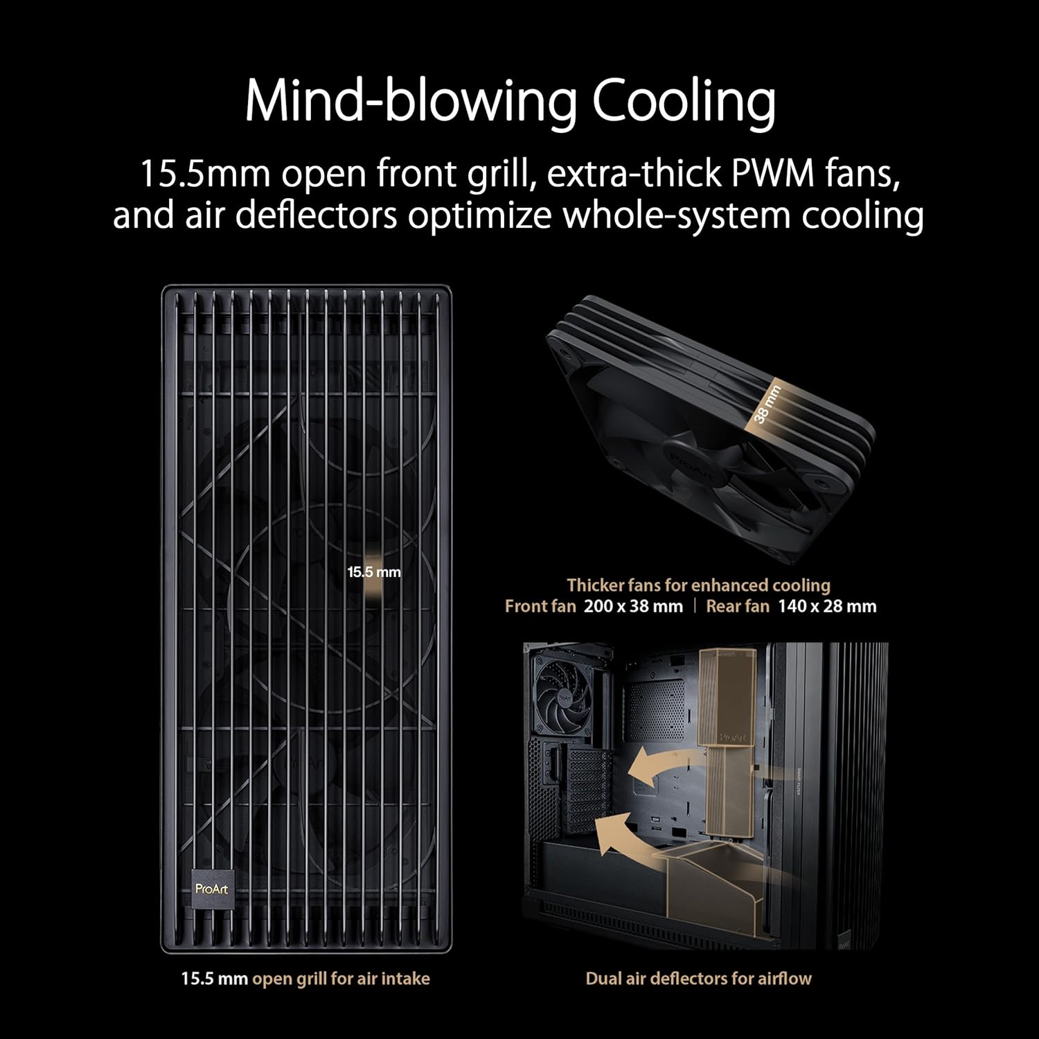 ASUS ProArt PA602 E-ATX PC Case 420mm Radiator Support, Dual 200mm Built-in Fans, Front Panel IR dust Indicator, Power Lock Latch, Tool-Less PCIe mounting & GPU Holder, 20Gbps USB-C Front I/O ProArt PA602|Black E-ATX