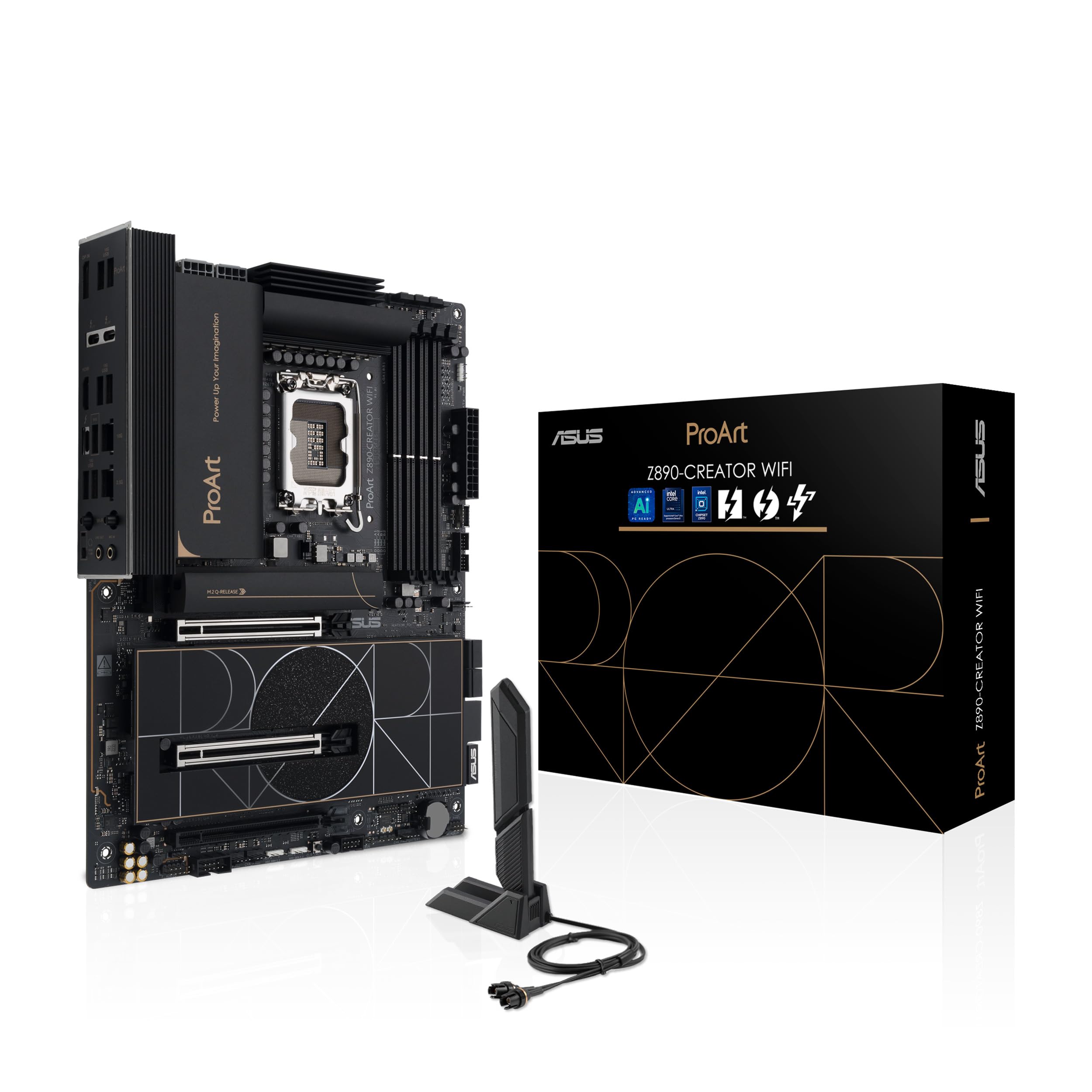 ASUS ProArt Z890-CREATOR WIFI Z890 LGA 1851 ATX Motherboard, Intel® Core™ Ultra Processor Series 2 Ready, 16+2+1+2 stages, PCIe® 5.0, DDR5, Thunderbolt™ 5 Type-C®, 10+2.5 Gb LAN, WiFi 7, 5x M.2, AI OC Z890-Creator|Core Ultra|M.2 x5|WiFi 7