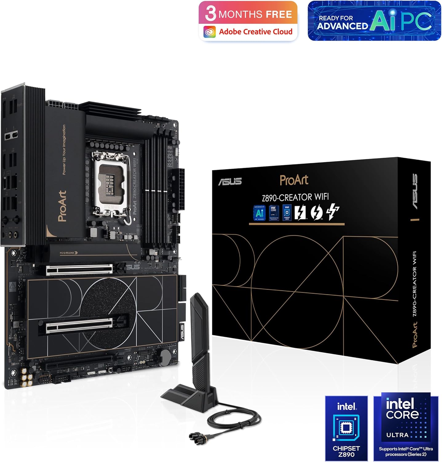 ASUS ProArt Z890-CREATOR WIFI Z890 LGA 1851 ATX Motherboard, Intel® Core™ Ultra Processor Series 2 Ready, 16+2+1+2 stages, PCIe® 5.0, DDR5, Thunderbolt™ 5 Type-C®, 10+2.5 Gb LAN, WiFi 7, 5x M.2, AI OC Z890-Creator|Core Ultra|M.2 x5|WiFi 7