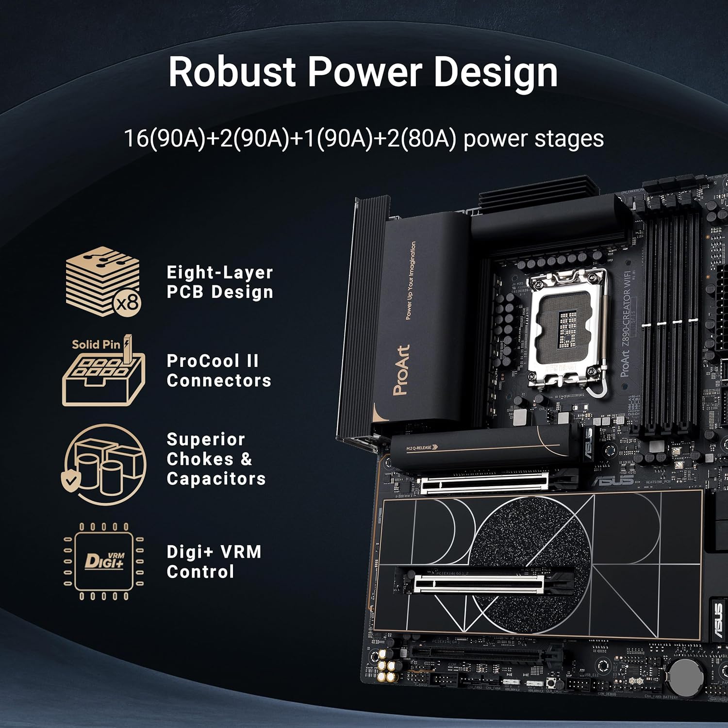 ASUS ProArt Z890-CREATOR WIFI Z890 LGA 1851 ATX Motherboard, Intel® Core™ Ultra Processor Series 2 Ready, 16+2+1+2 stages, PCIe® 5.0, DDR5, Thunderbolt™ 5 Type-C®, 10+2.5 Gb LAN, WiFi 7, 5x M.2, AI OC Z890-Creator|Core Ultra|M.2 x5|WiFi 7