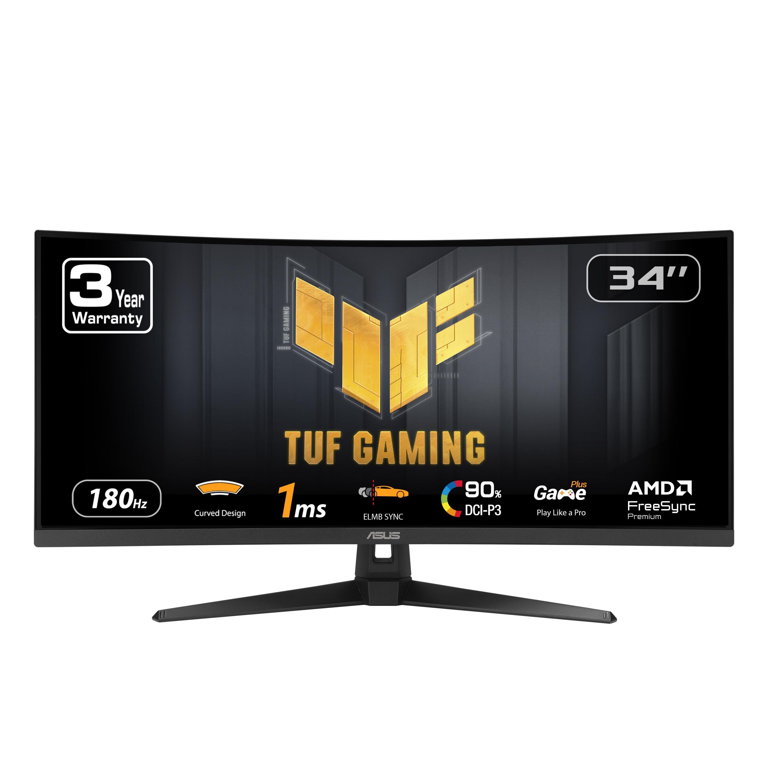 ASUS TUF Gaming 34” Ultra-Wide Curved Monitor (VG34VQ3B) – 21:9 QHD (3440x1440), 180Hz, 1ms, Extreme Low Motion Blur Sync, FreeSync Premium, Speaker, 90% DCI-P3, DisplayWidget Center, 3 yr Warranty 34" Curved UWQHD 21:9 180Hz