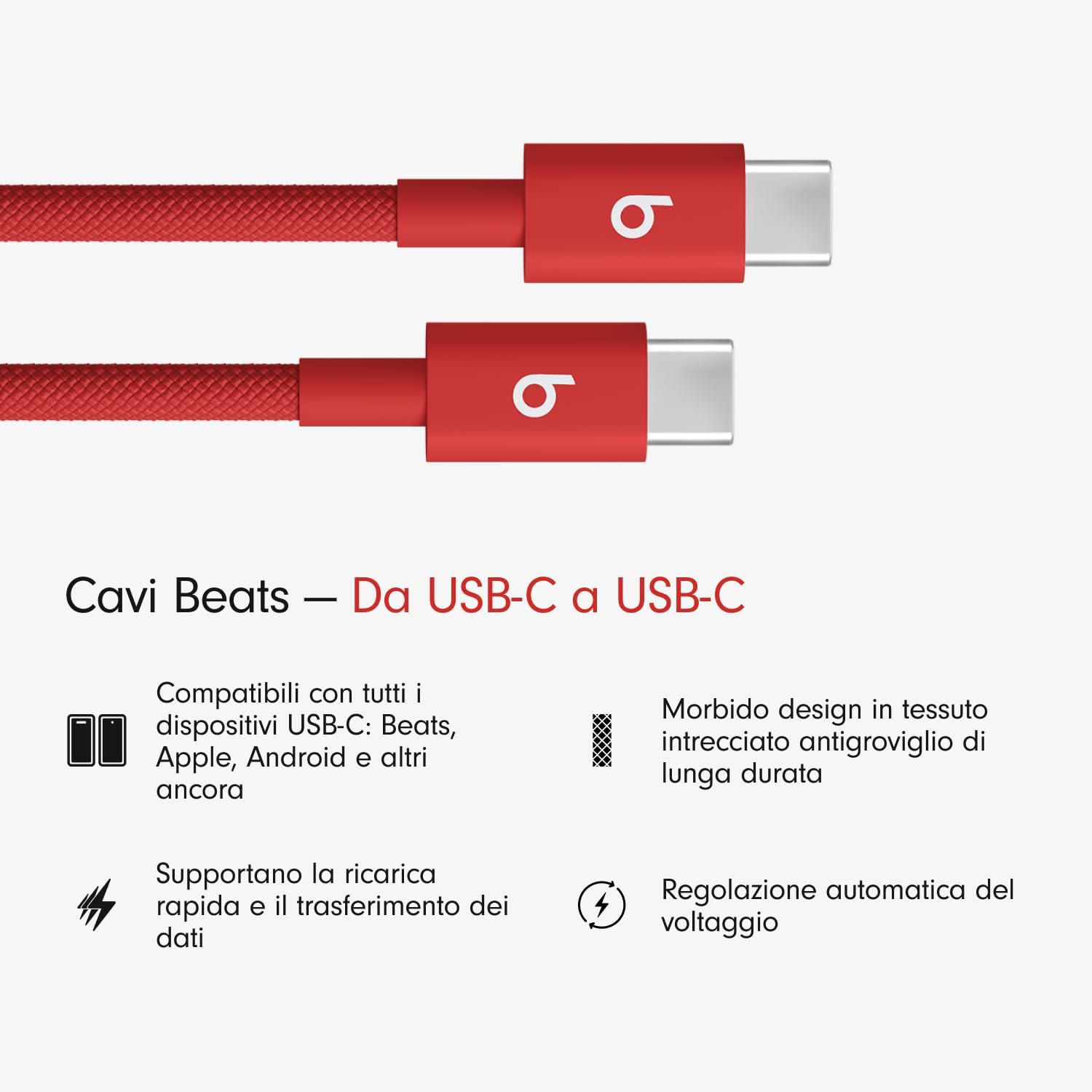 Beats USB-C to USB-C Braided Fabric Cable, Fast Charging, Durable and Tangle-Free, Compatible Charger for Apple and Android Devices (1.5m) - Fast Red Fast Red (1.5m)